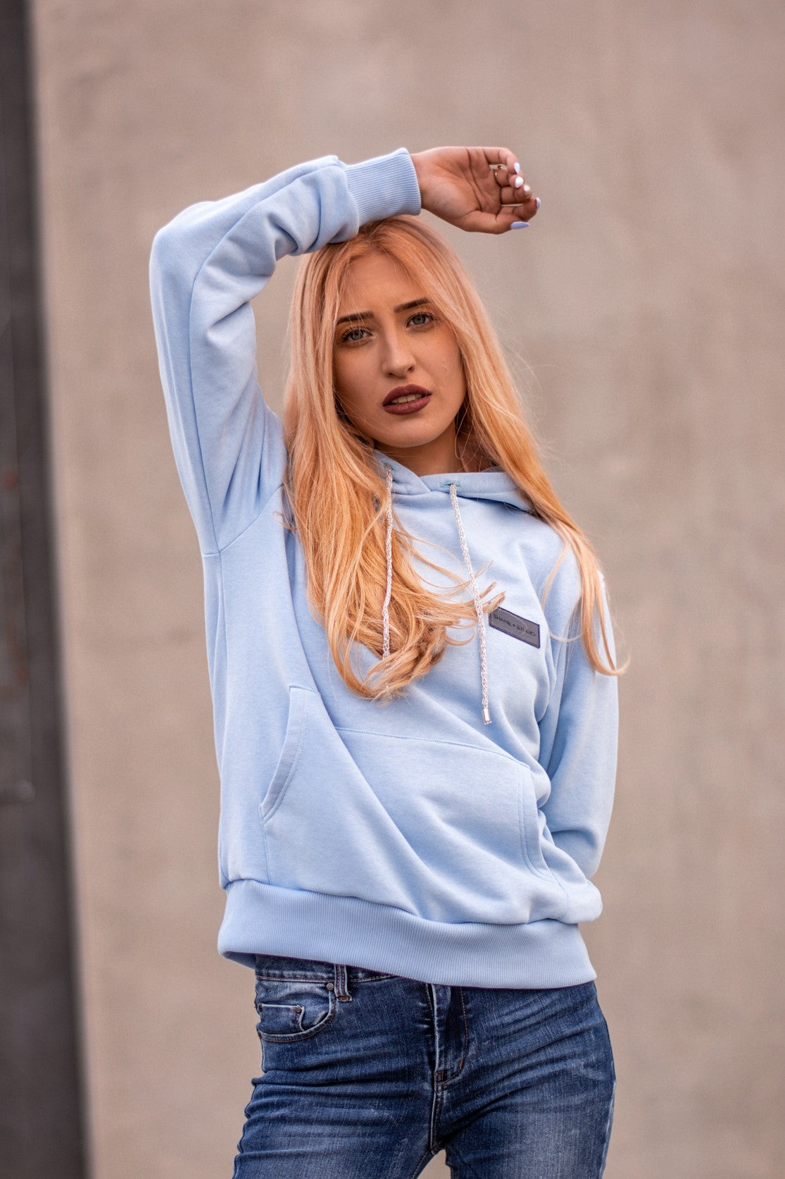 Women Baby Blue Hoodie with logo badge