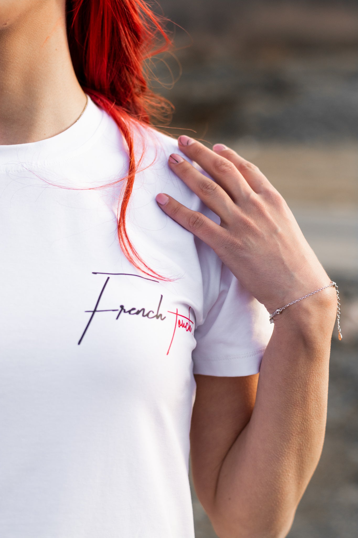 Women white cotton t-shirt with FRENCH TOUCH print