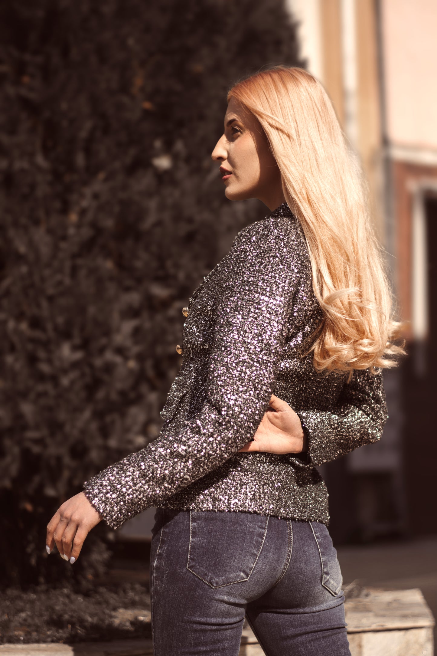 Women Fine Silver Tweed Blazer Slim Silhouette