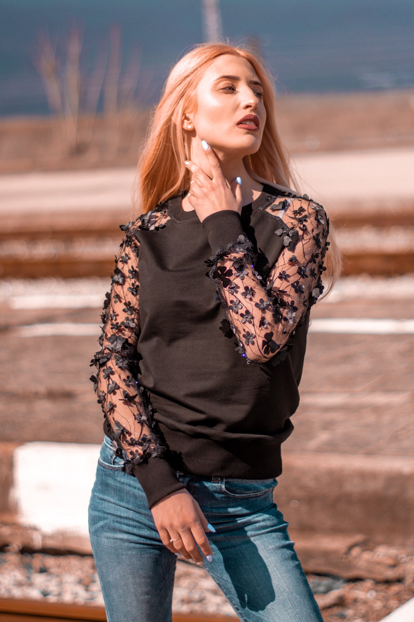 Women black blouse transparent sleeves with embroidered flowers