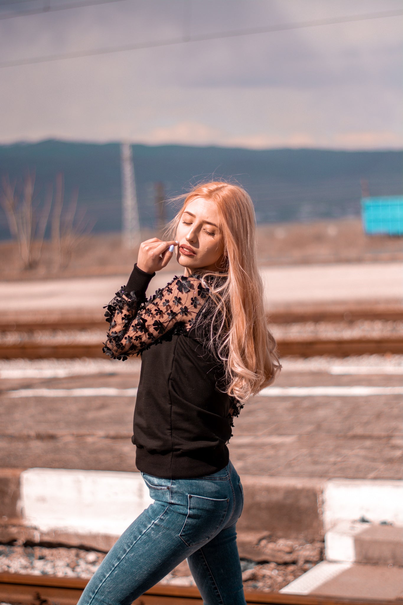 Women black blouse transparent sleeves with embroidered flowers