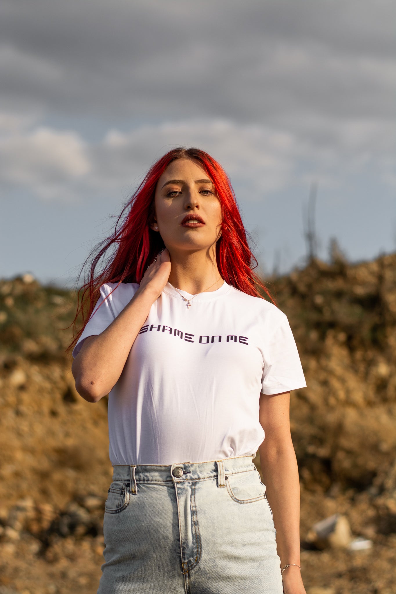 Women white cotton t-shirt with SHAME ON ME print