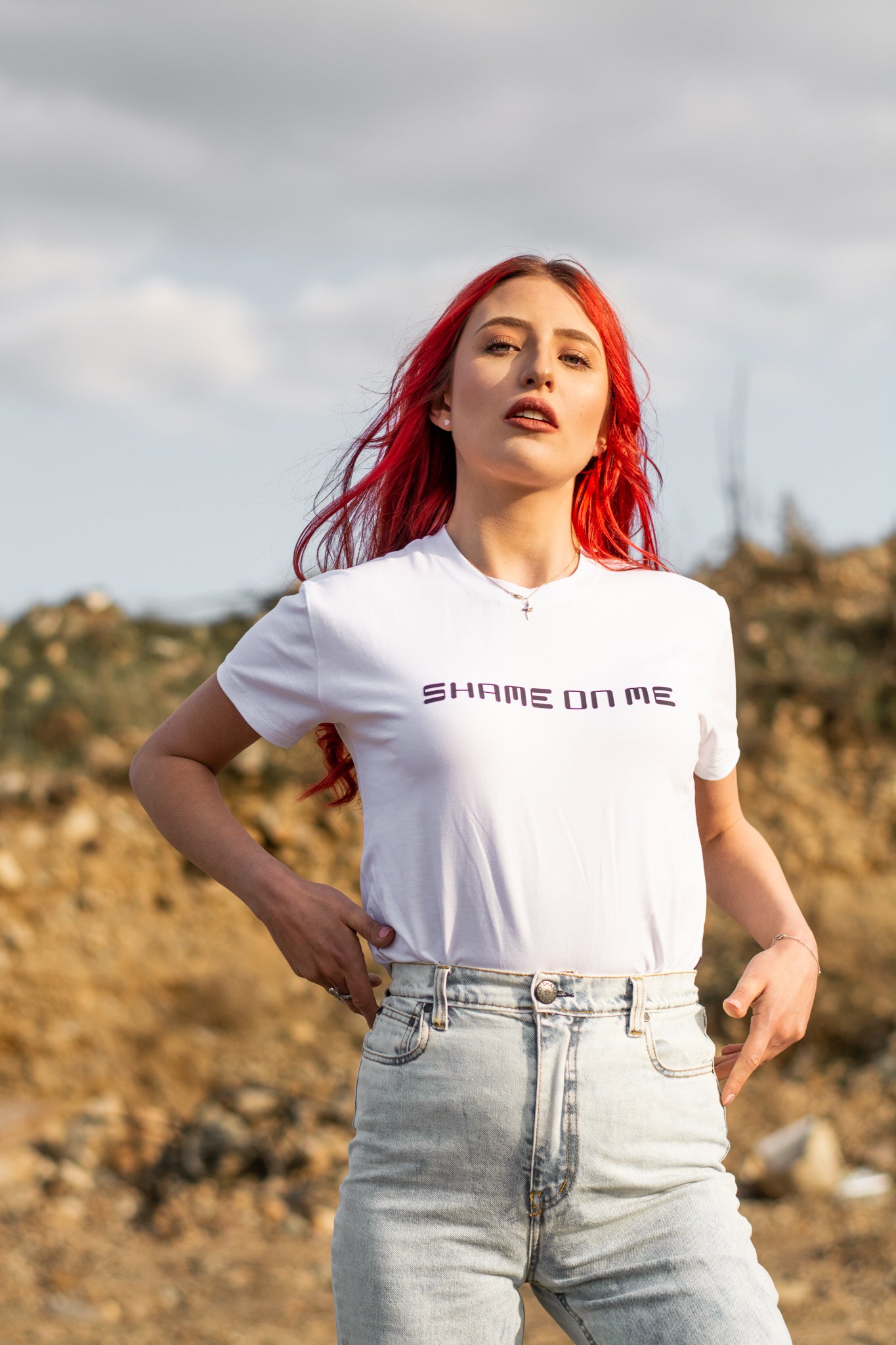 Women white cotton t-shirt with SHAME ON ME print