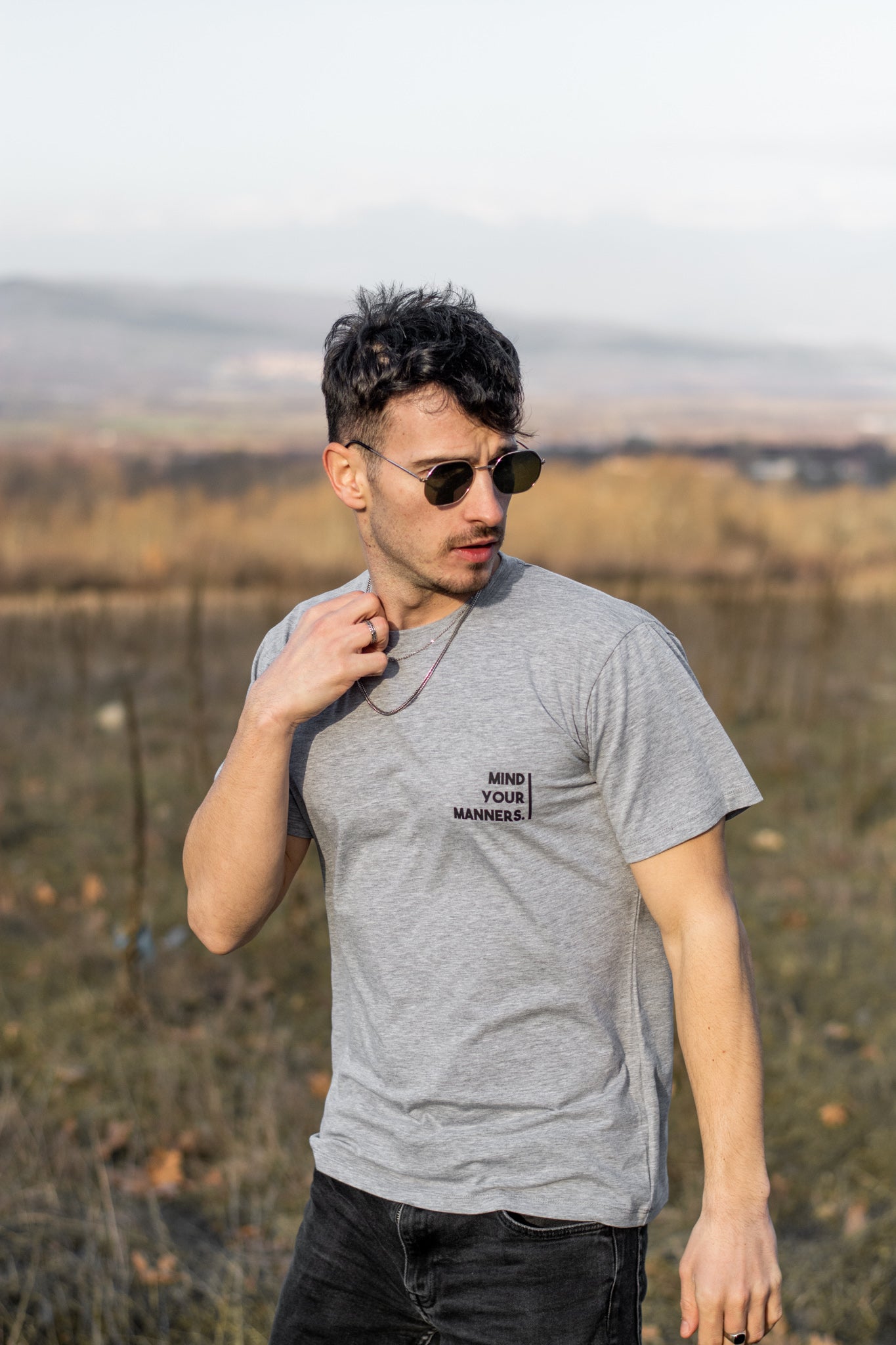 Men grey cotton t-shirt with MIND YOUR MANNERS print