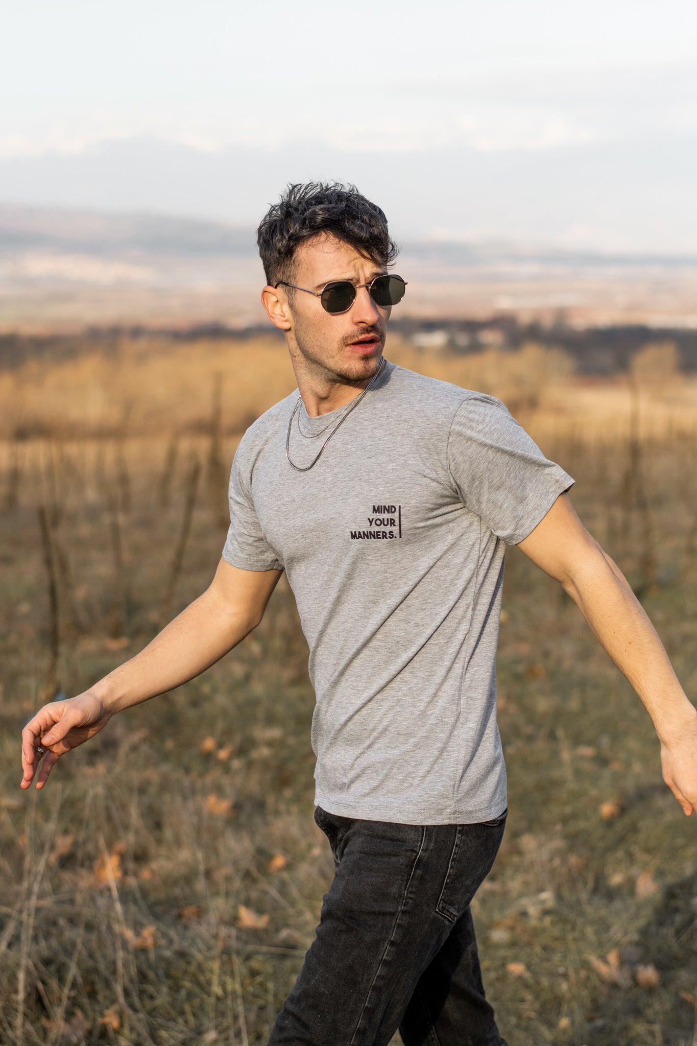 Men grey cotton t-shirt with MIND YOUR MANNERS print