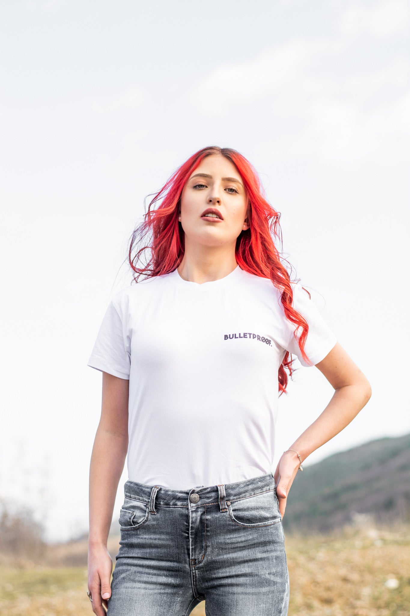 Women white cotton t-shirt with BULLETPROOF print