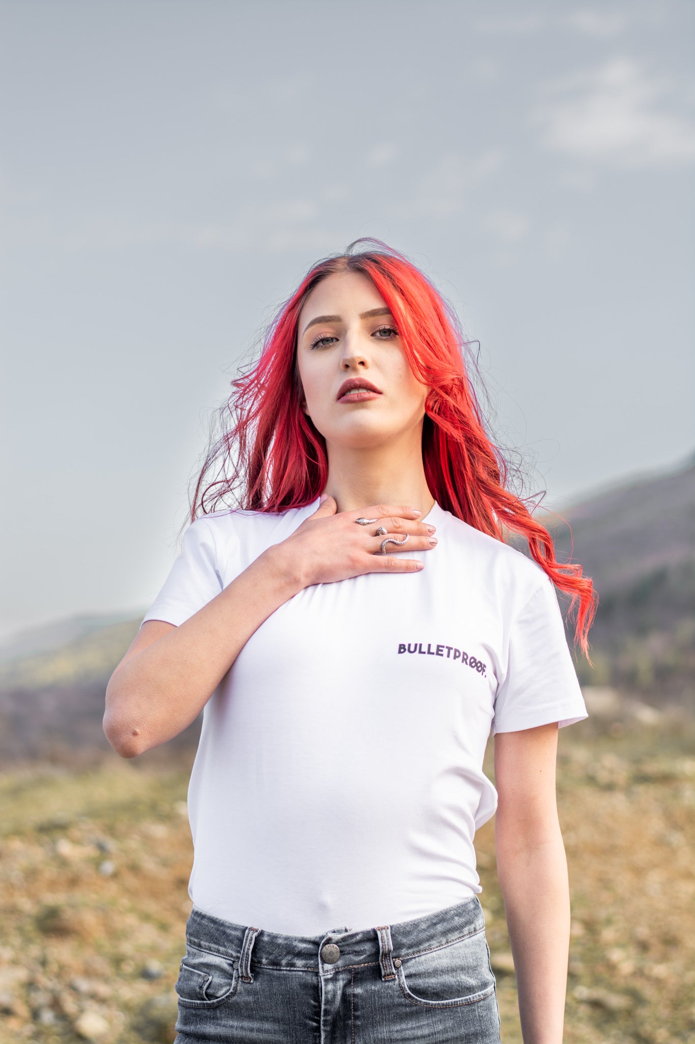 Women white cotton t-shirt with BULLETPROOF print