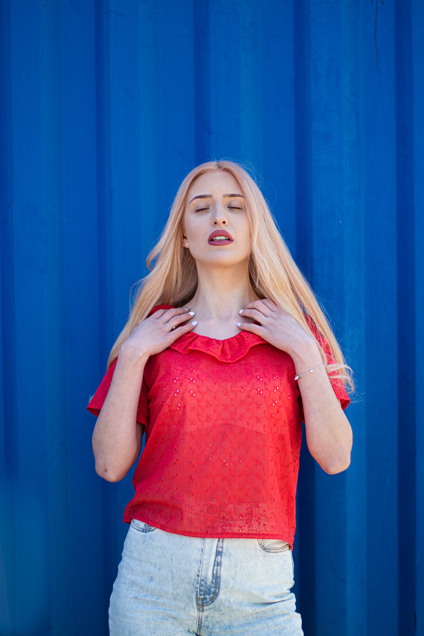 Women red cut lace blouse