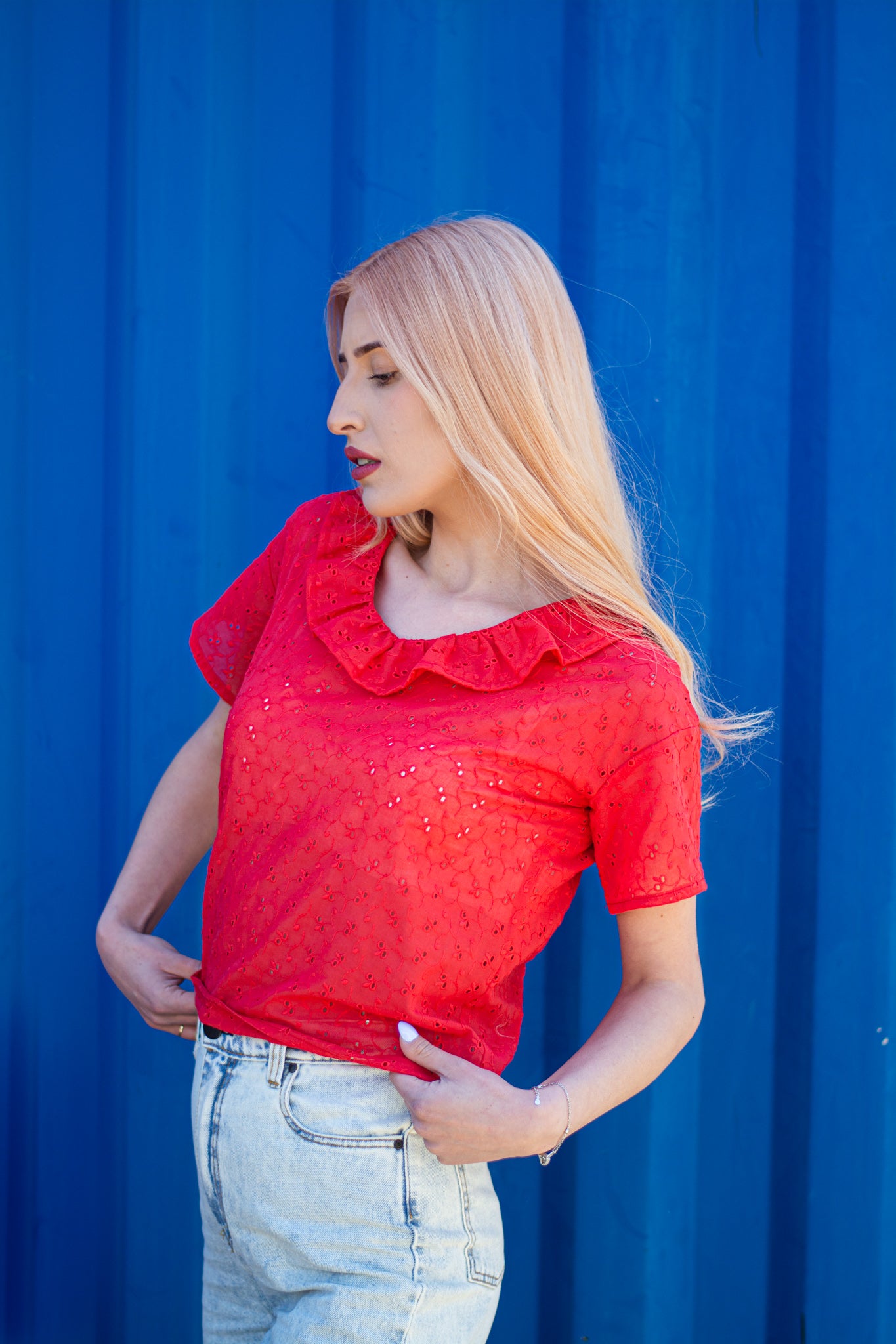 Women red cut lace blouse