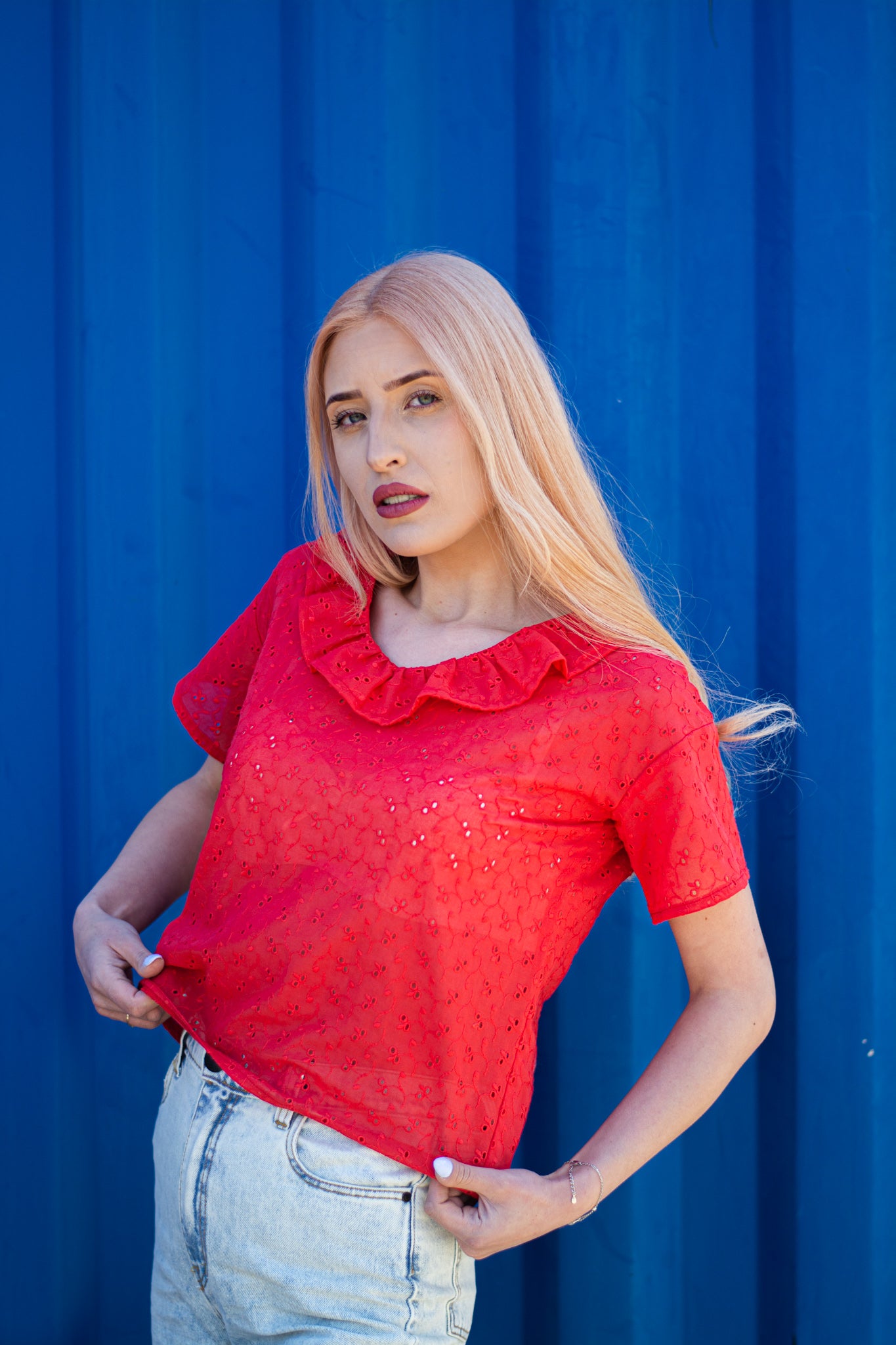 Women red cut lace blouse