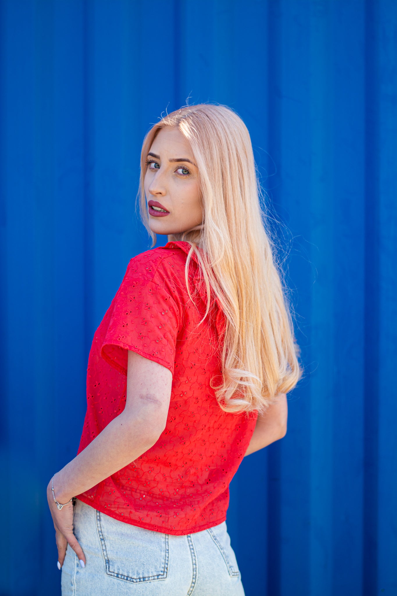 Women red cut lace blouse