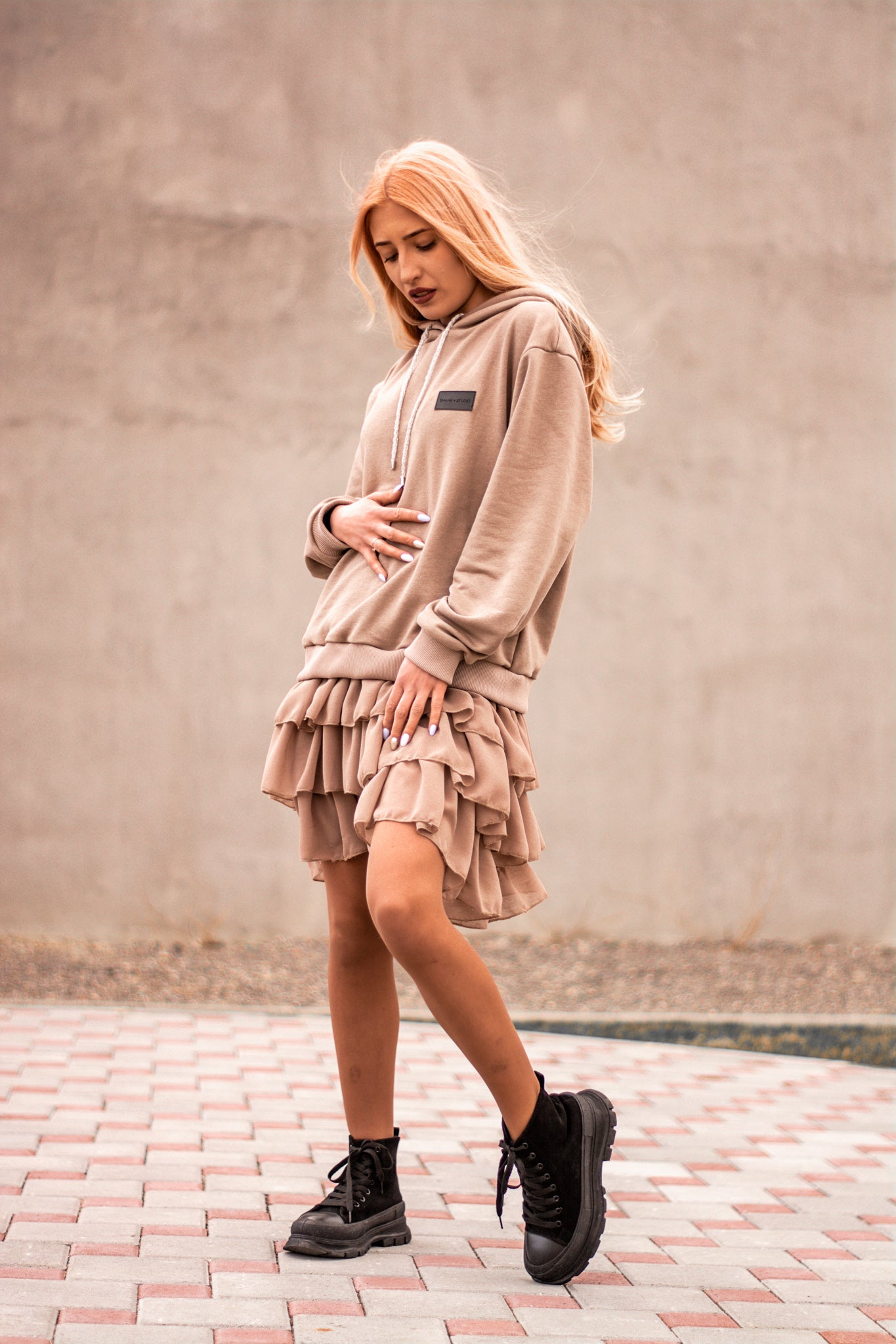 Women beige hoodie dress with logo badge