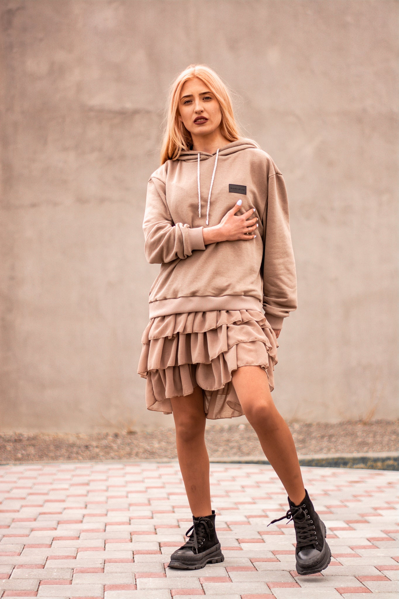 Women beige hoodie dress with logo badge