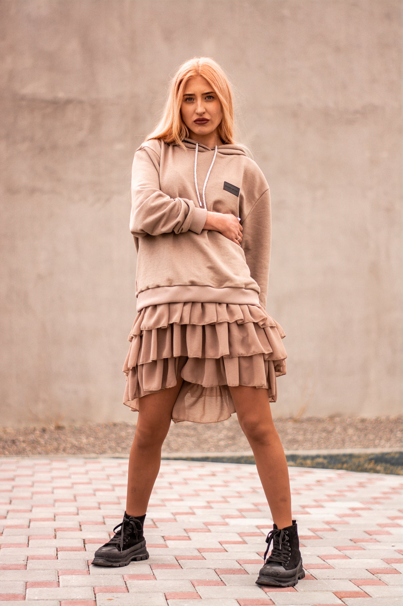 Women beige hoodie dress with logo badge