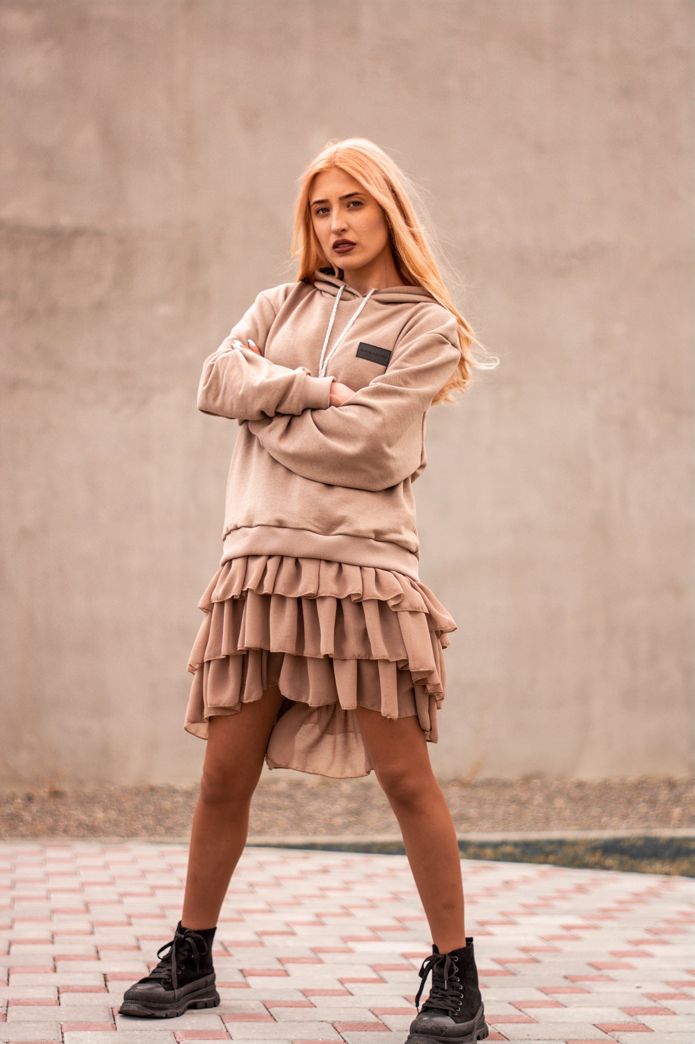 Women beige hoodie dress with logo badge