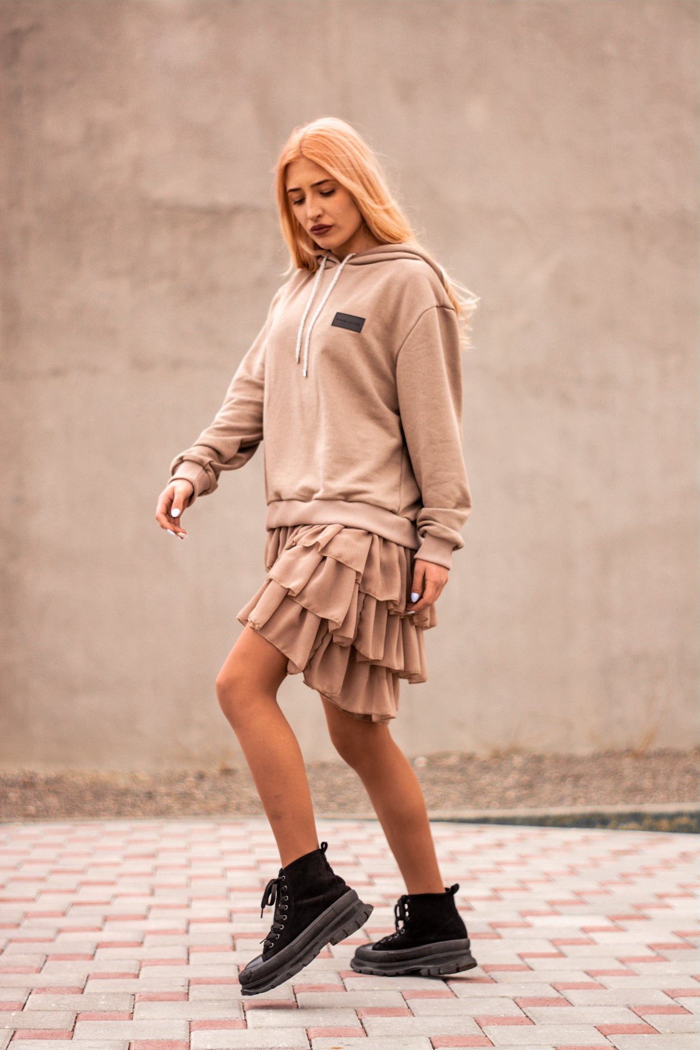 Women beige hoodie dress with logo badge