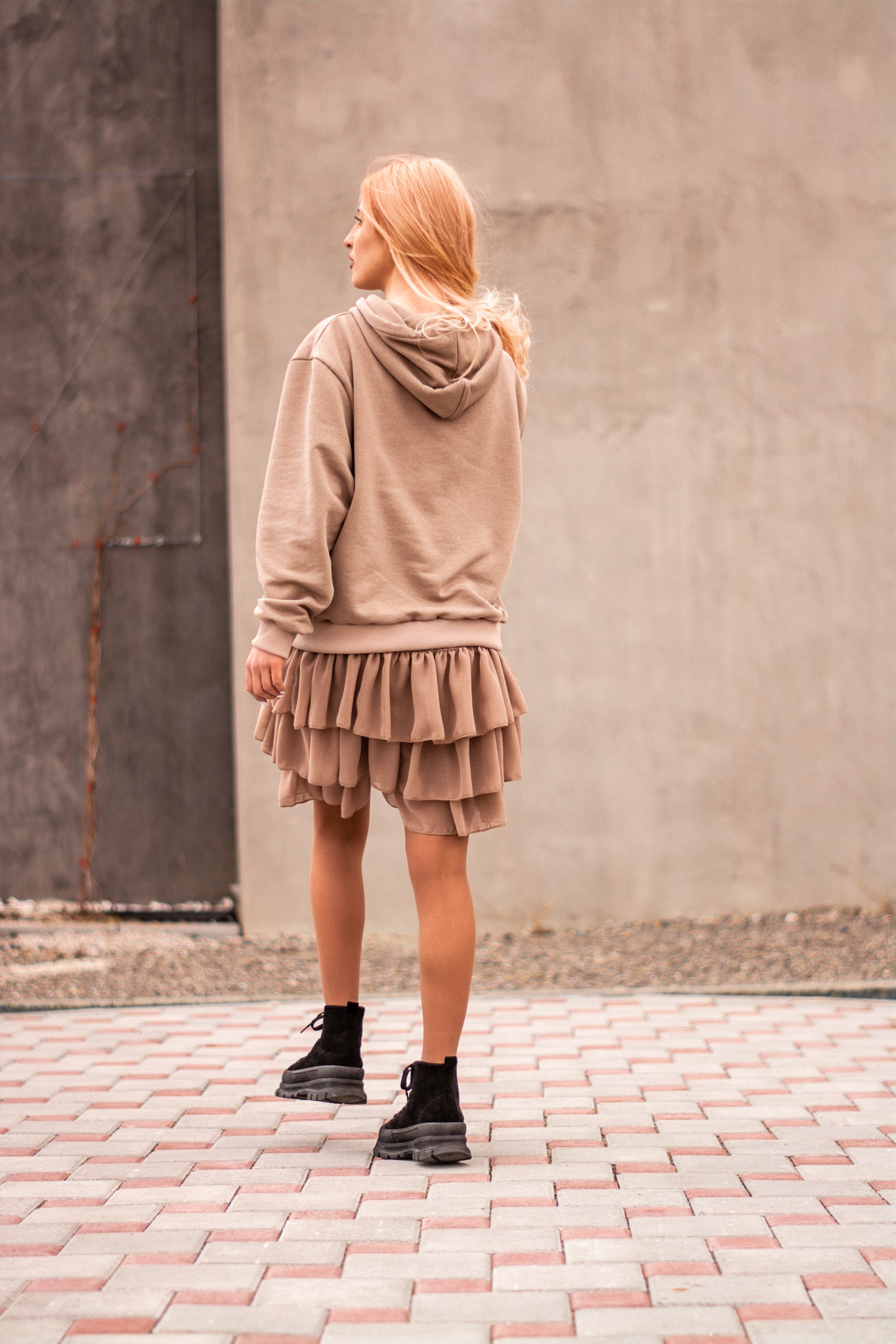 Women beige hoodie dress with logo badge