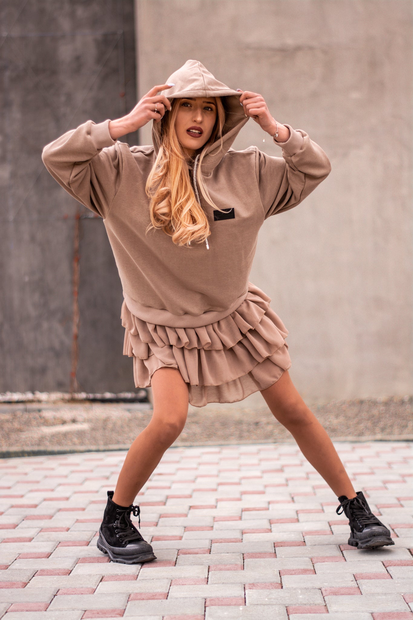 Women beige hoodie dress with logo badge