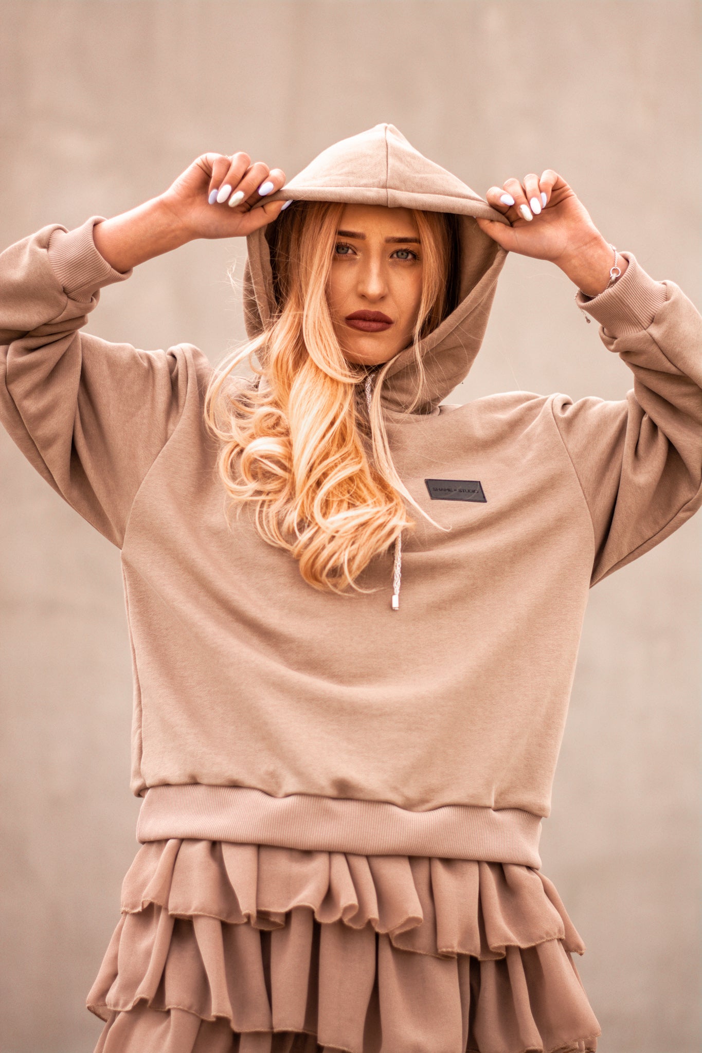 Women beige hoodie dress with logo badge