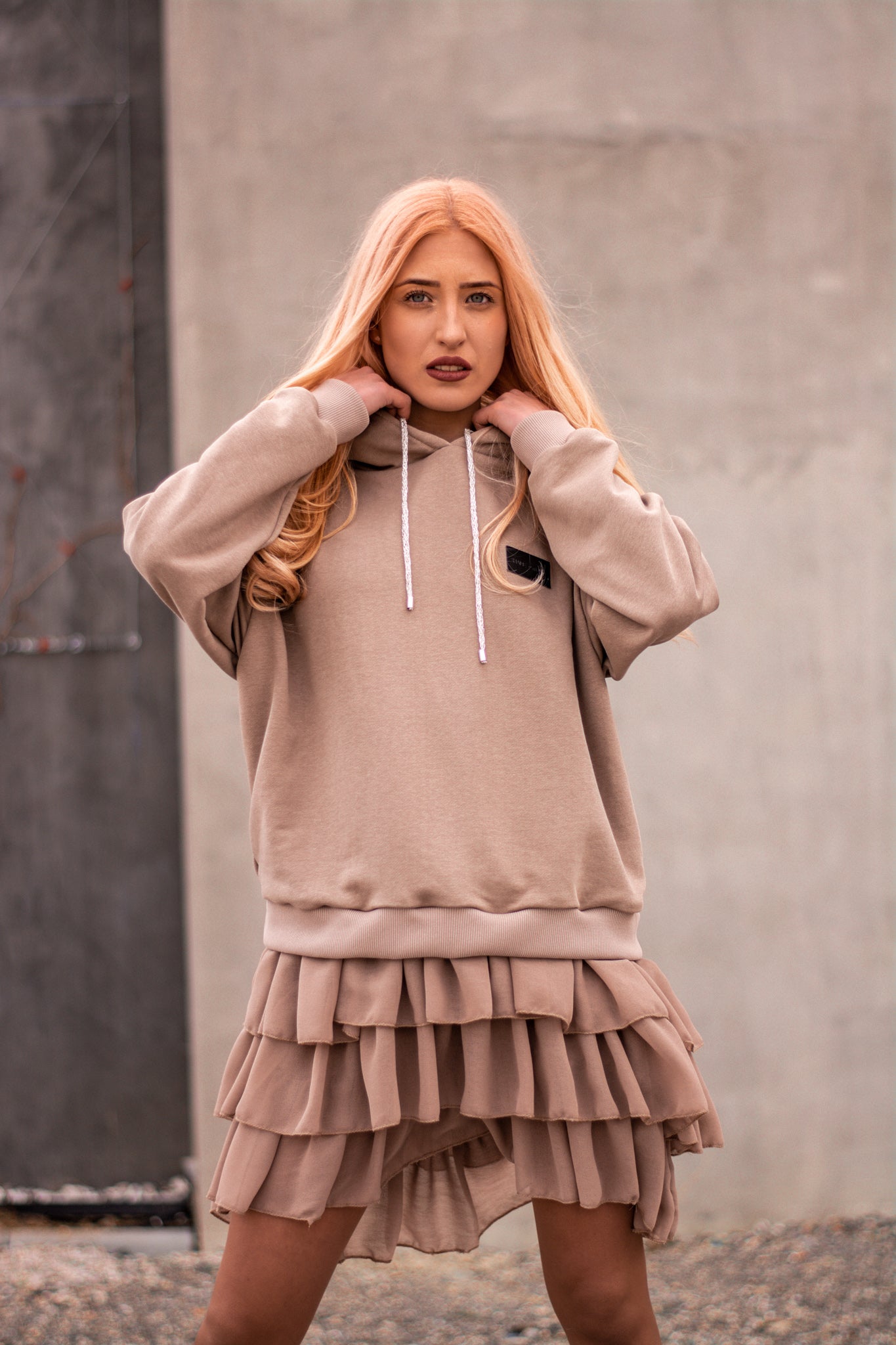 Women beige hoodie dress with logo badge