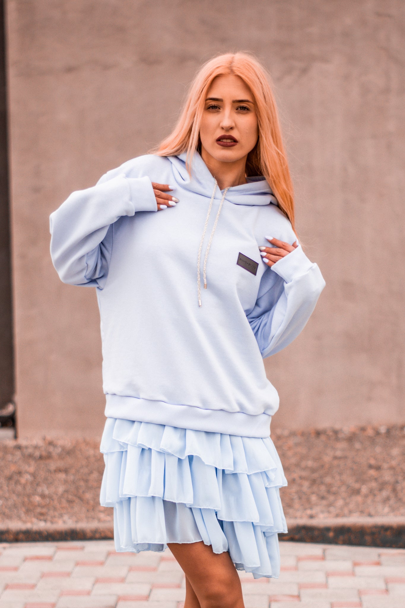 Women baby blue hoodie dress with logo badge