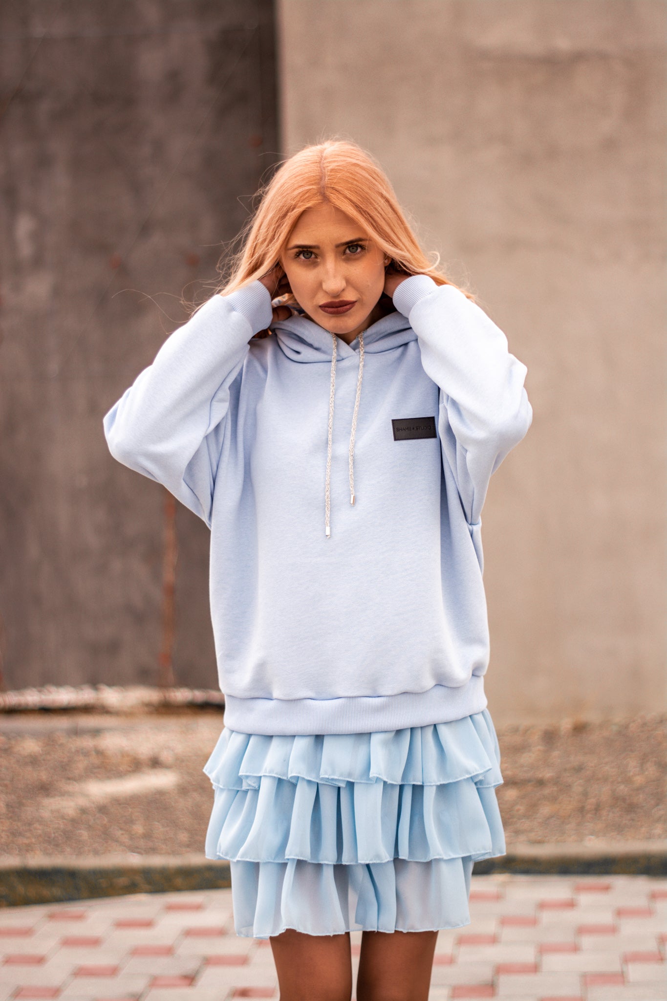 Women baby blue hoodie dress with logo badge