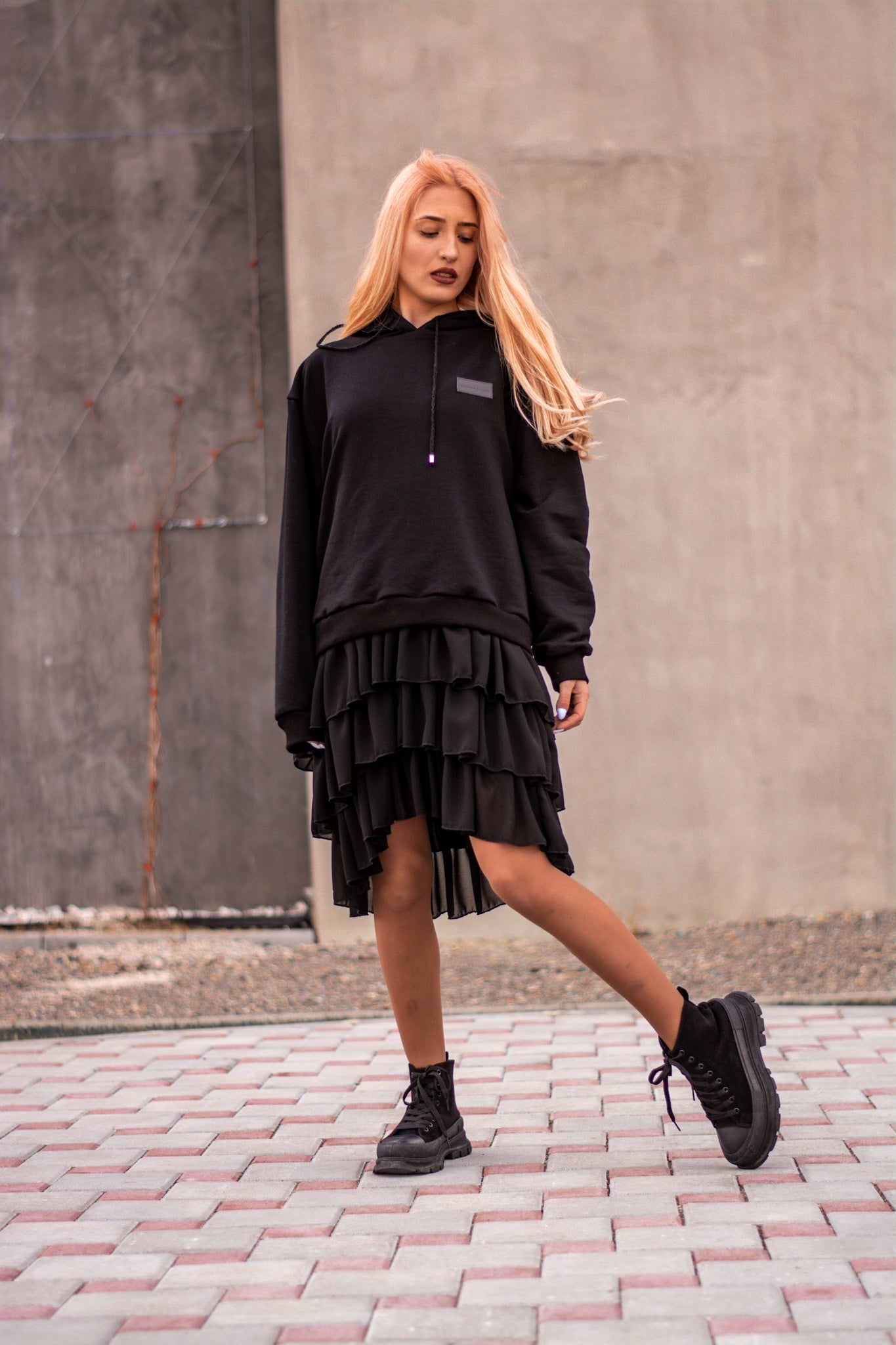 Women black hoodie dress with logo badge