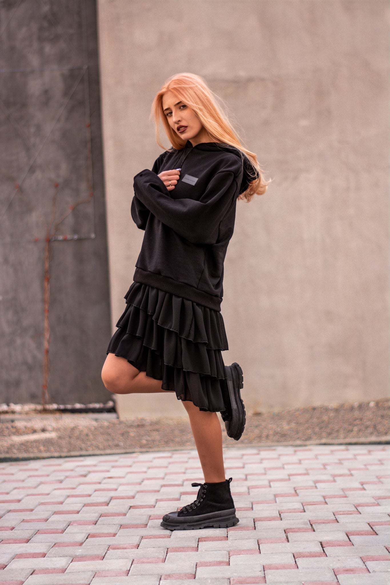 Women black hoodie dress with logo badge