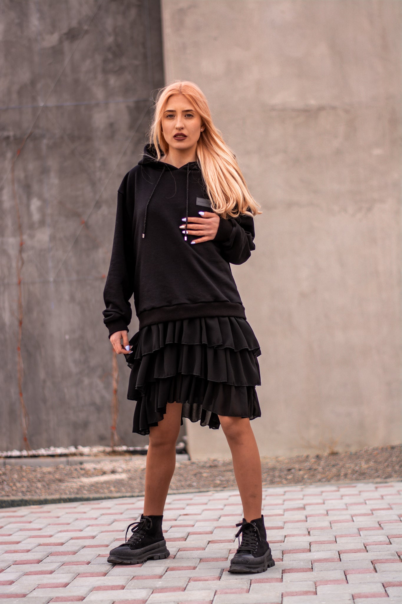 Women black hoodie dress with logo badge