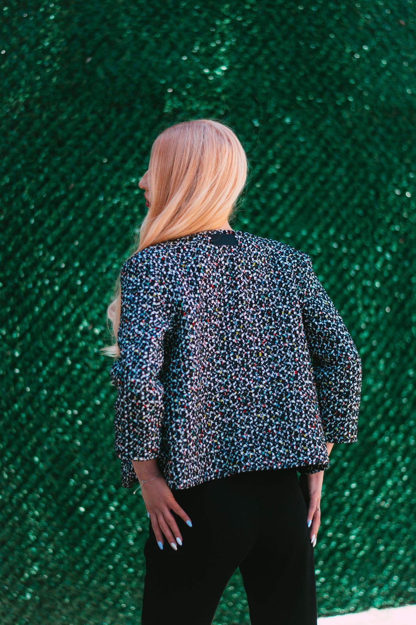 Women fine multicoloured tweed jacket A-line 3/4 sleeve