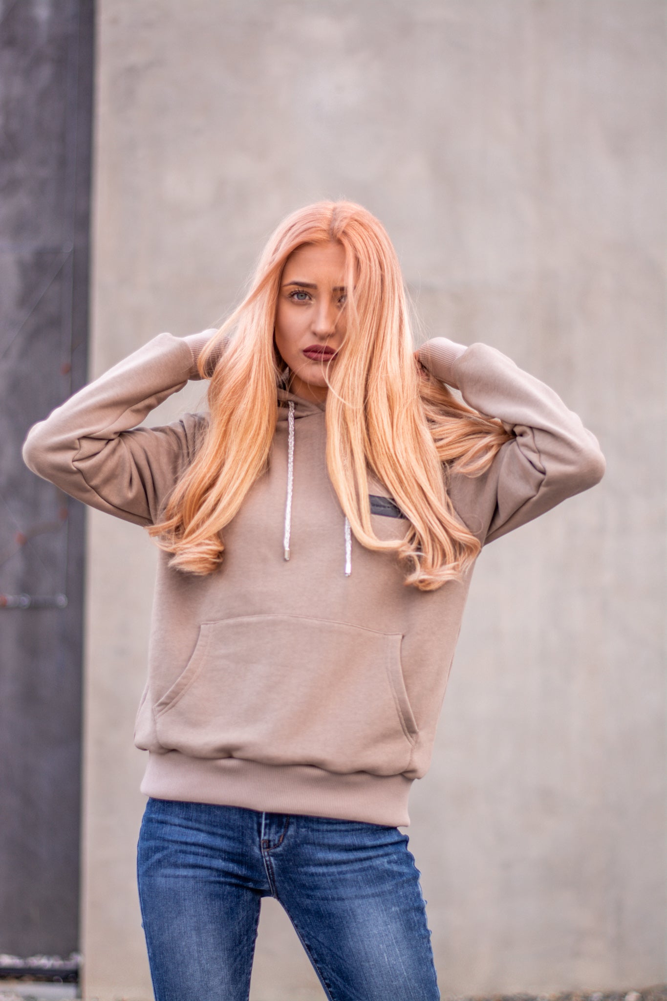 Women beige hoodie with logo badge