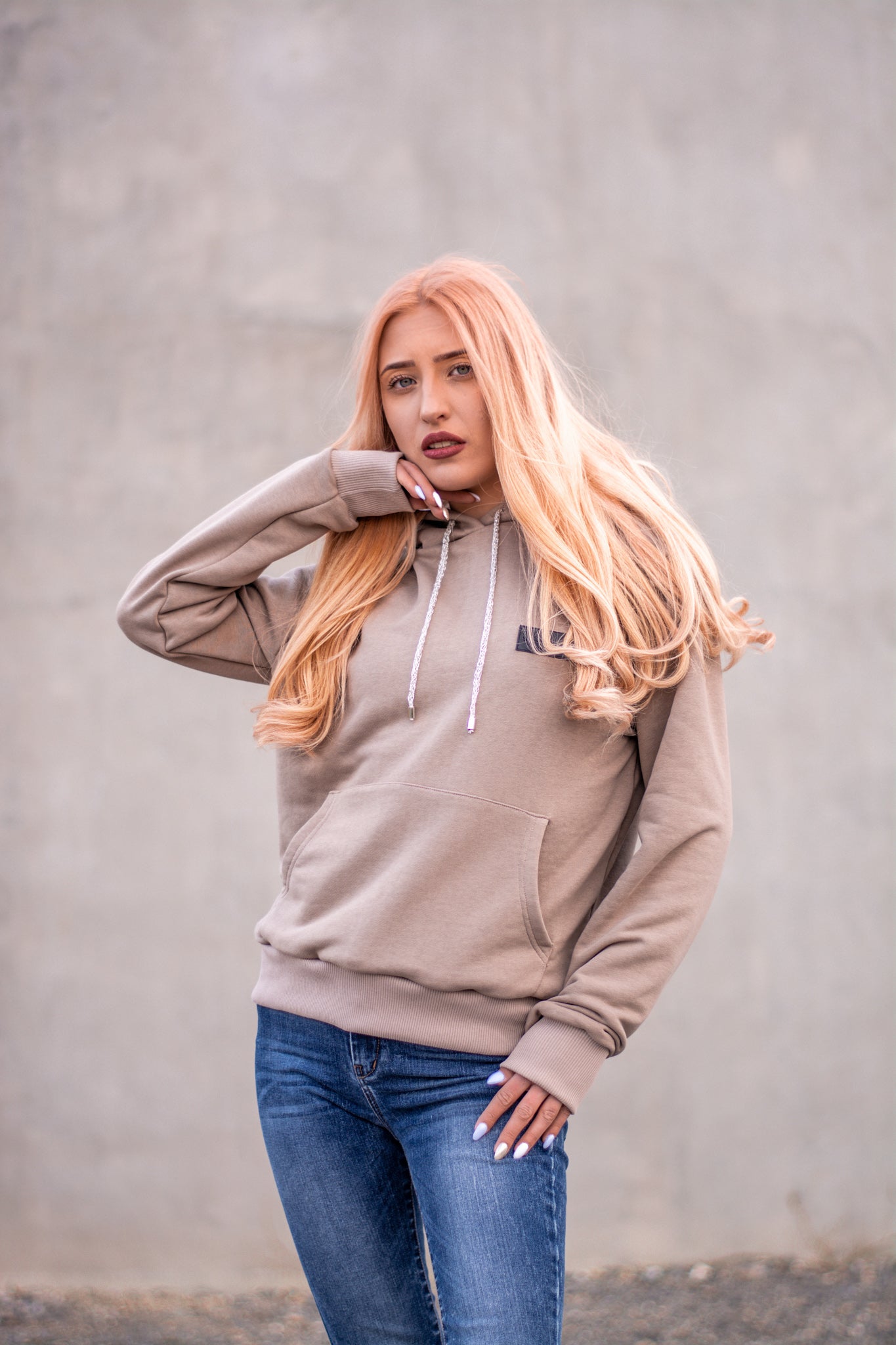 Women beige hoodie with logo badge