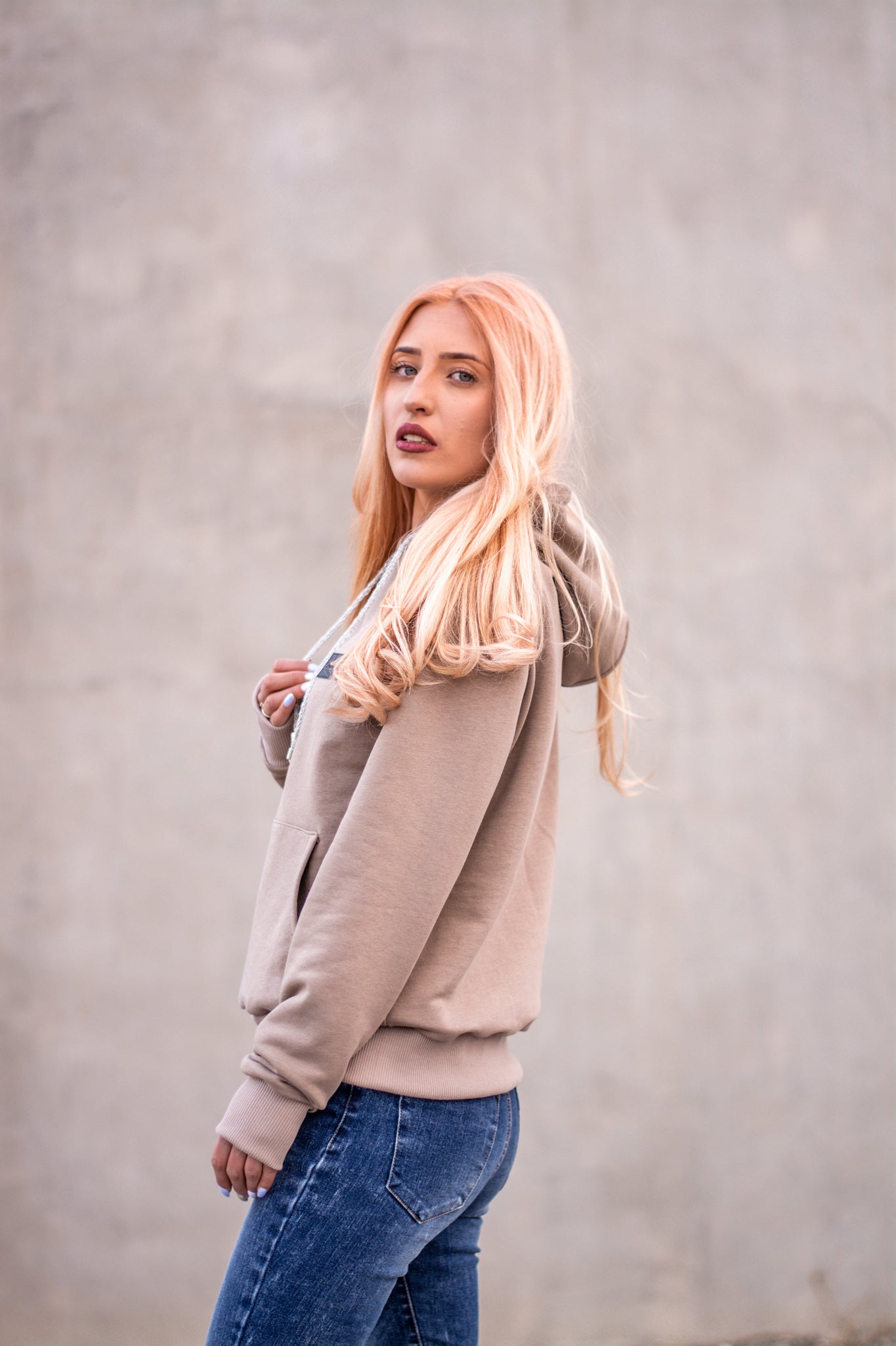 Women beige hoodie with logo badge