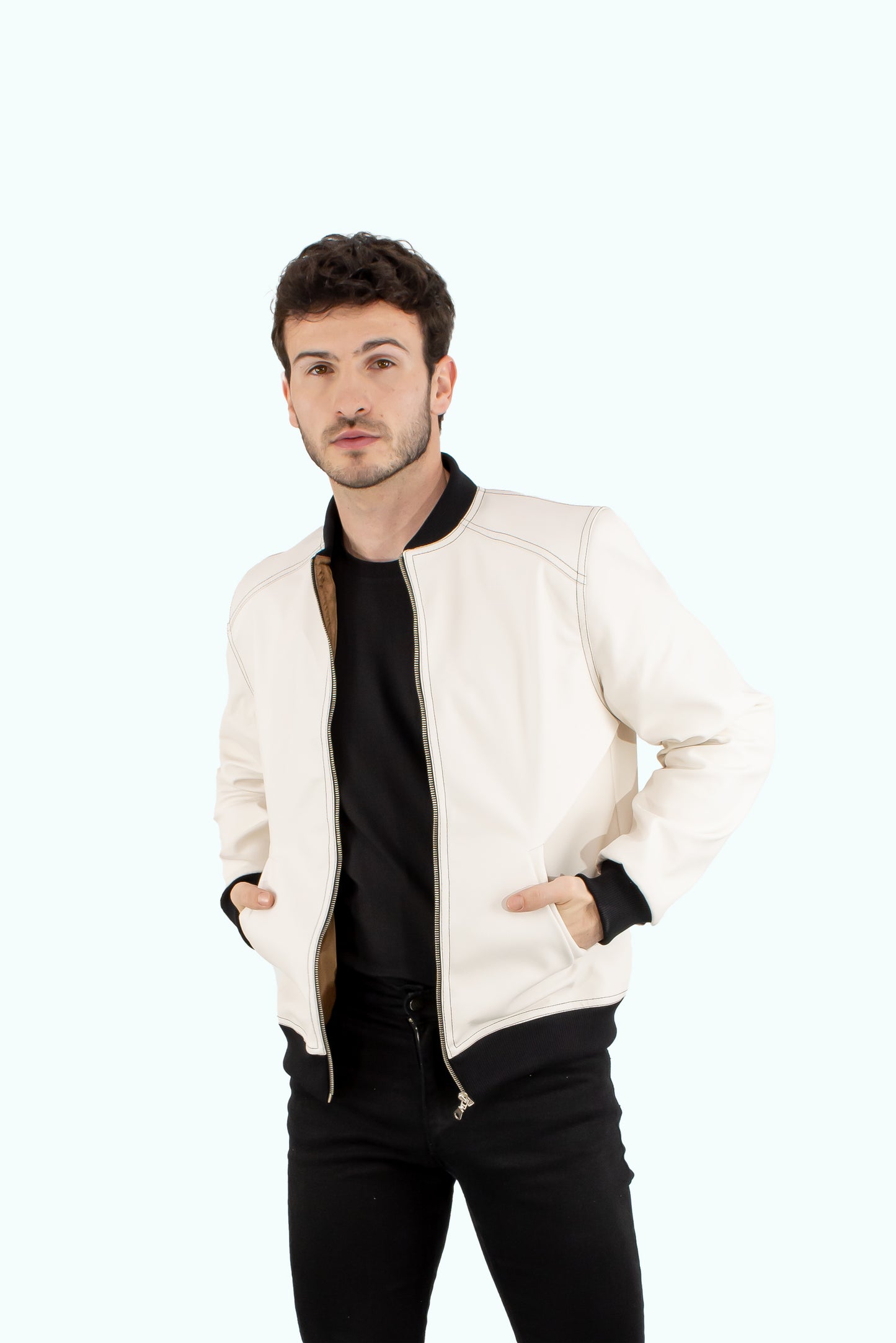 Men white/ecru leather bomber jacket