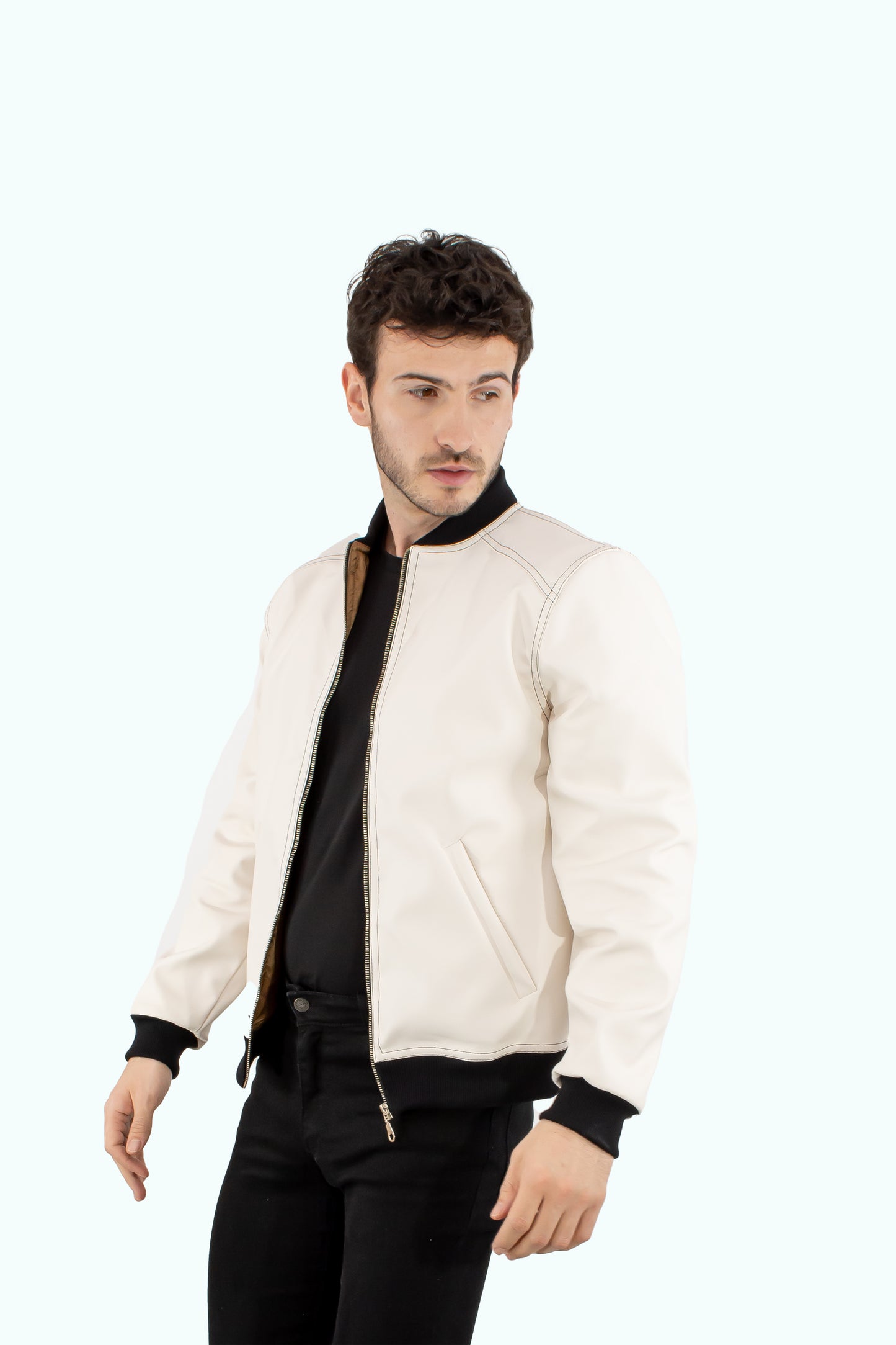 Men white/ecru leather bomber jacket