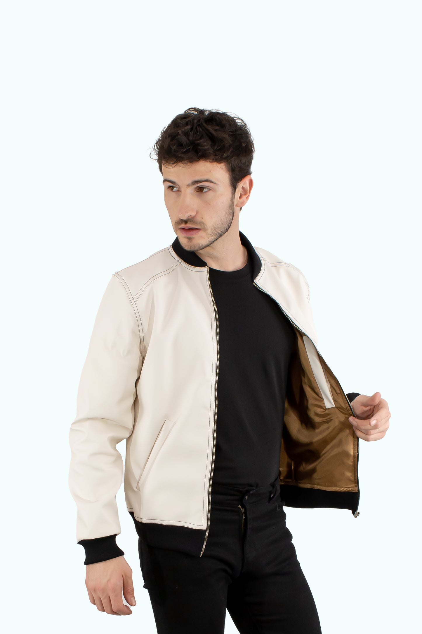 Men white/ecru leather bomber jacket