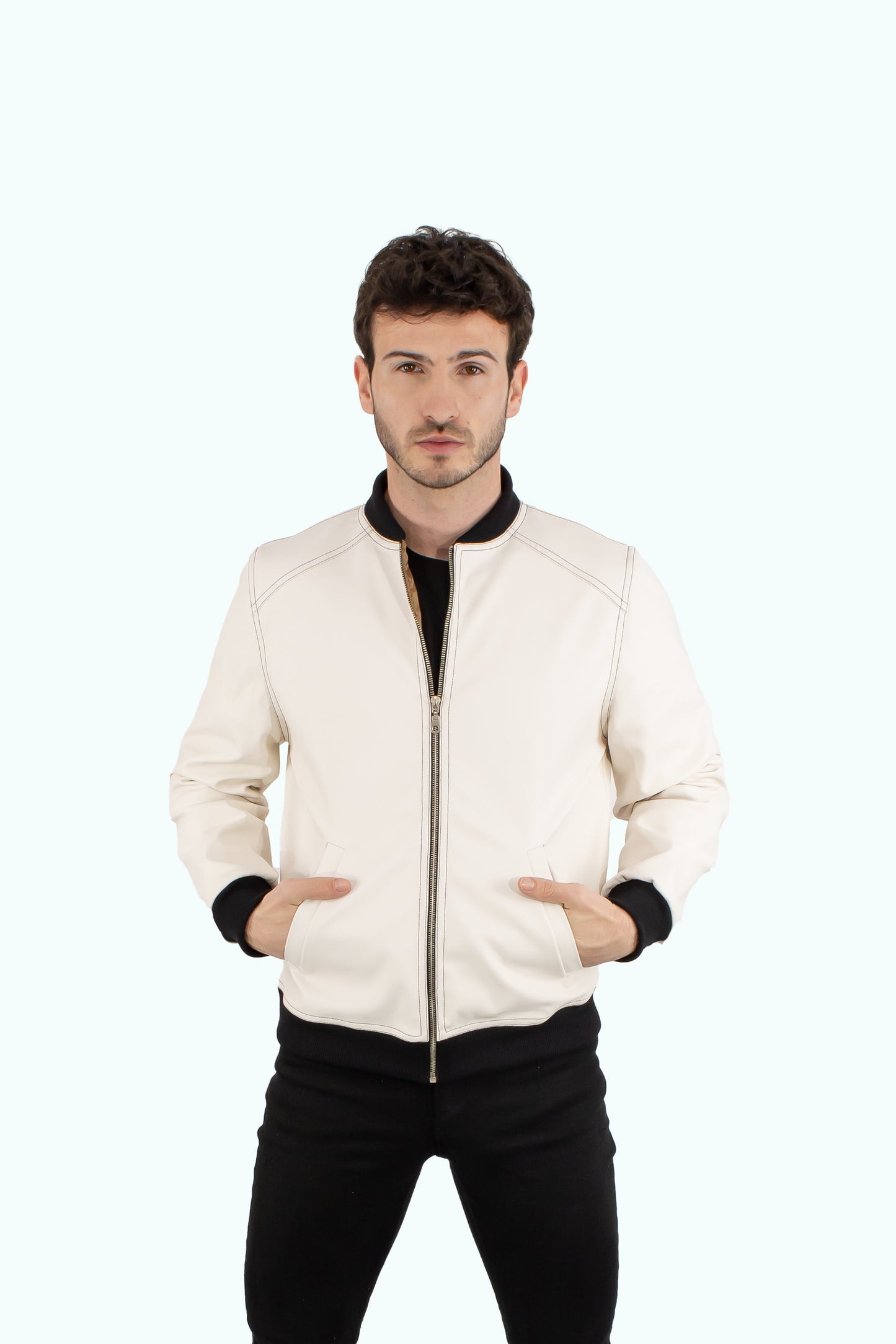 Men white/ecru leather bomber jacket