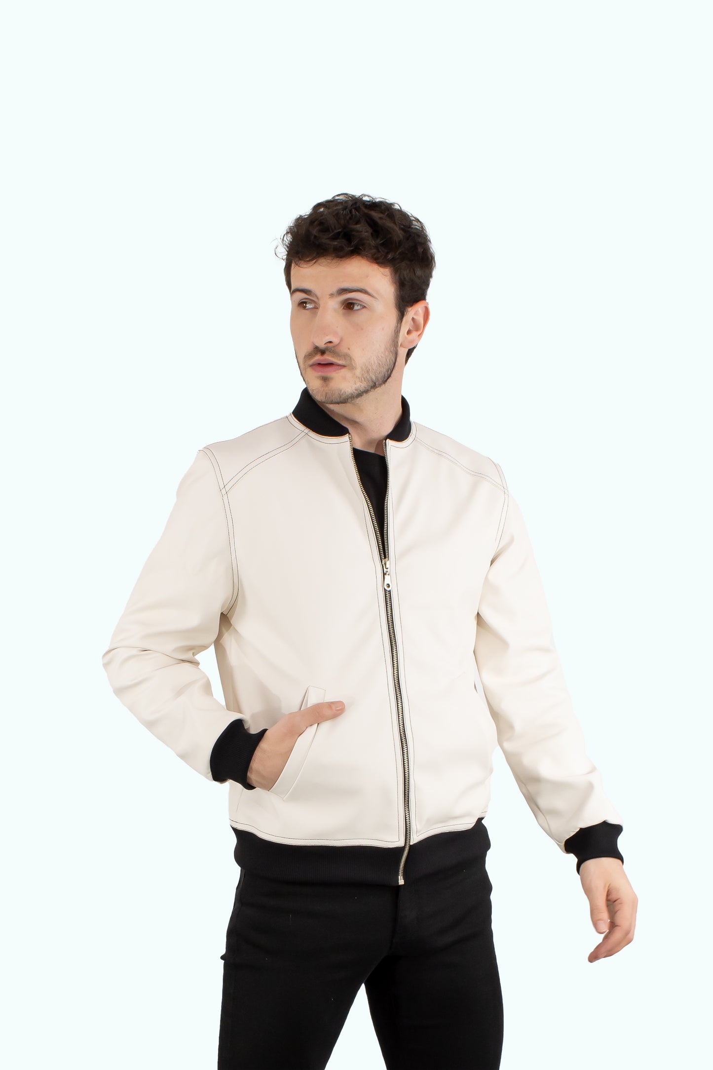 Men white/ecru leather bomber jacket