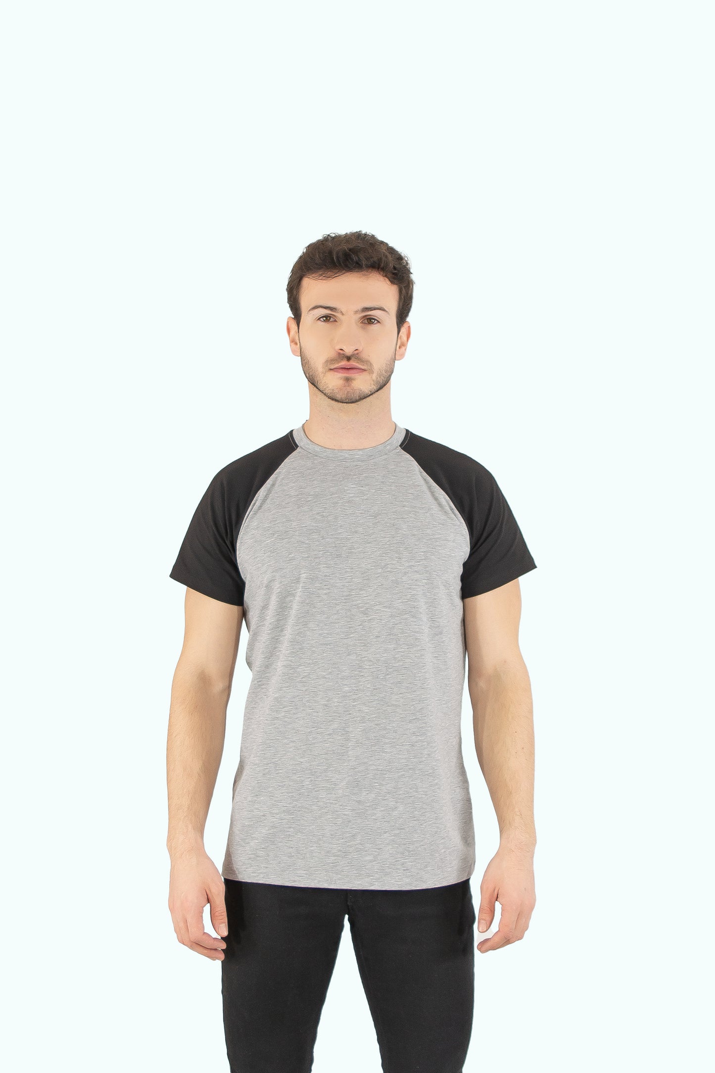 Men grey cotton t-shirt black short sleeve type raglan