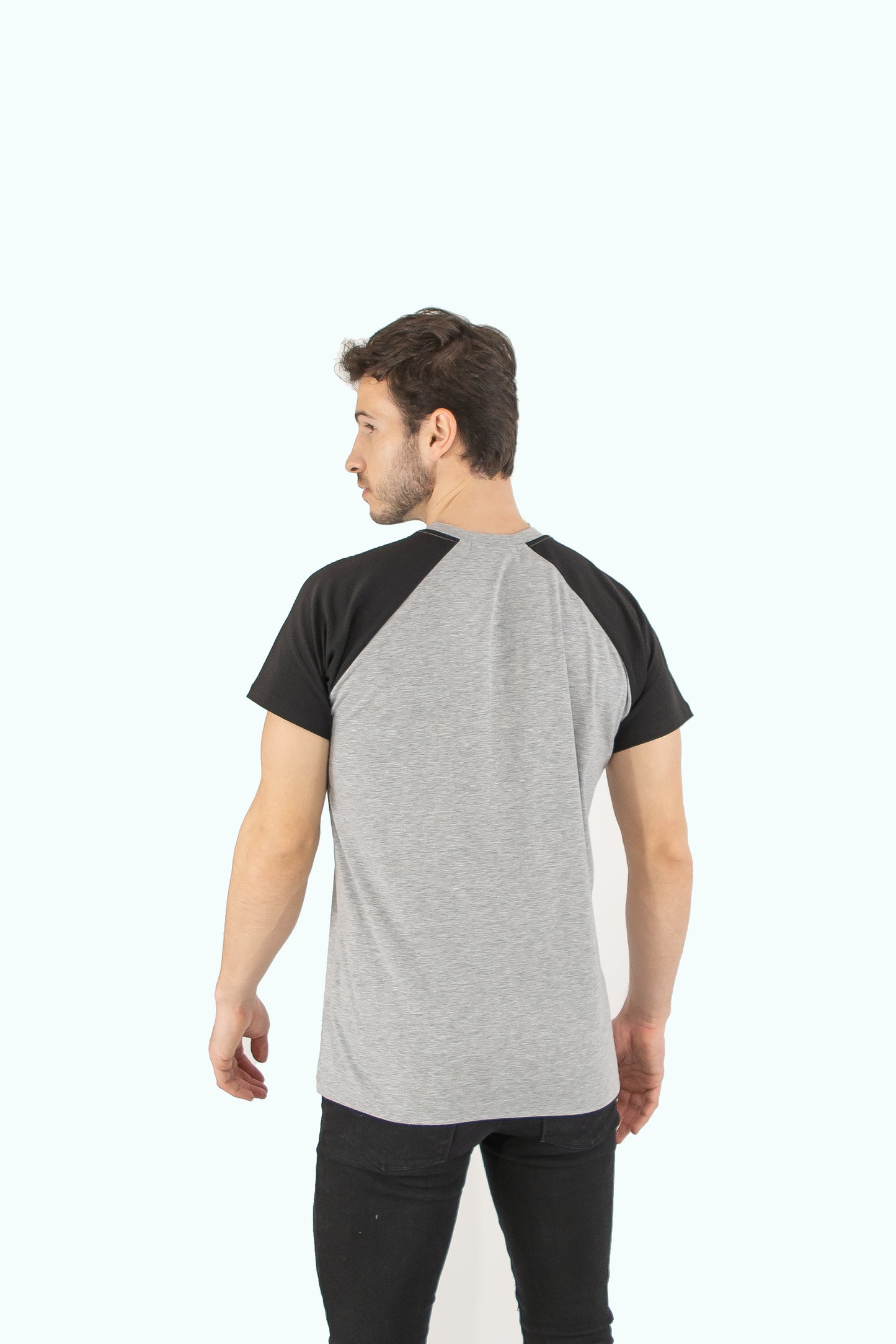 Men grey cotton t-shirt black short sleeve type raglan