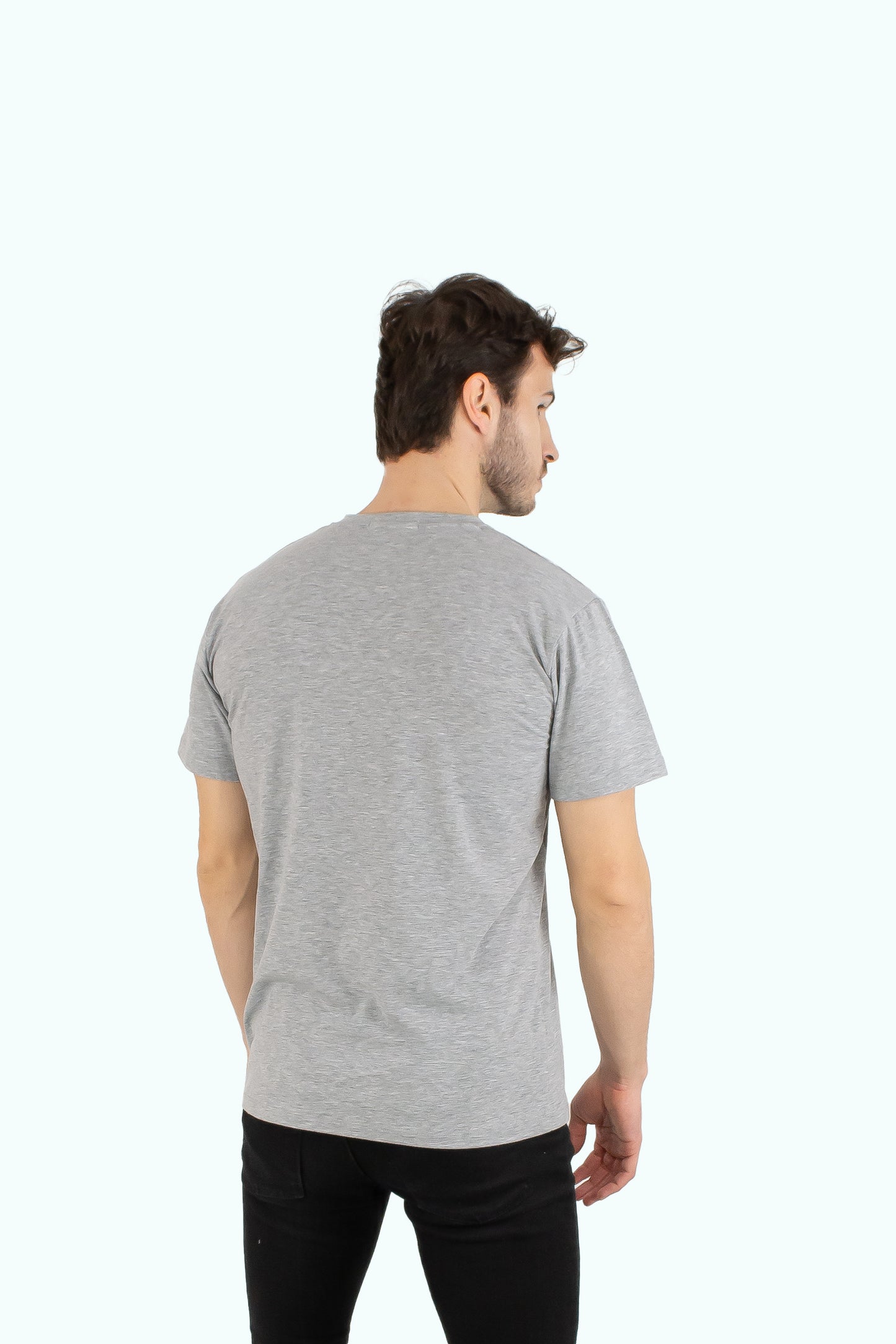 Men grey cotton t-shirt with short sleeve and neck label