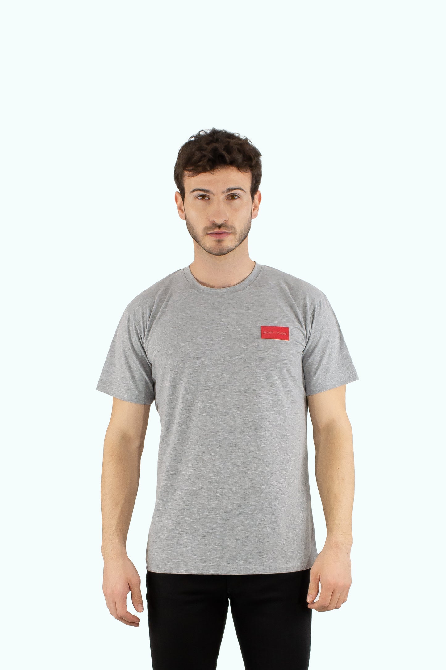 Men grey cotton t-shirt with red logo badge