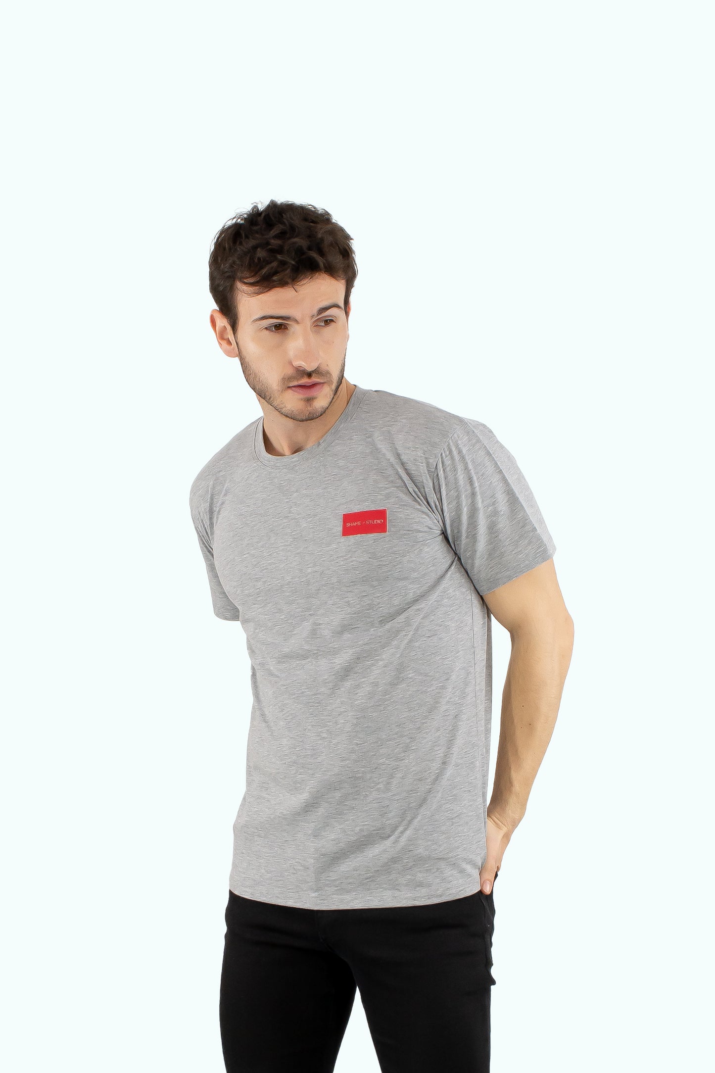 Men grey cotton t-shirt with red logo badge