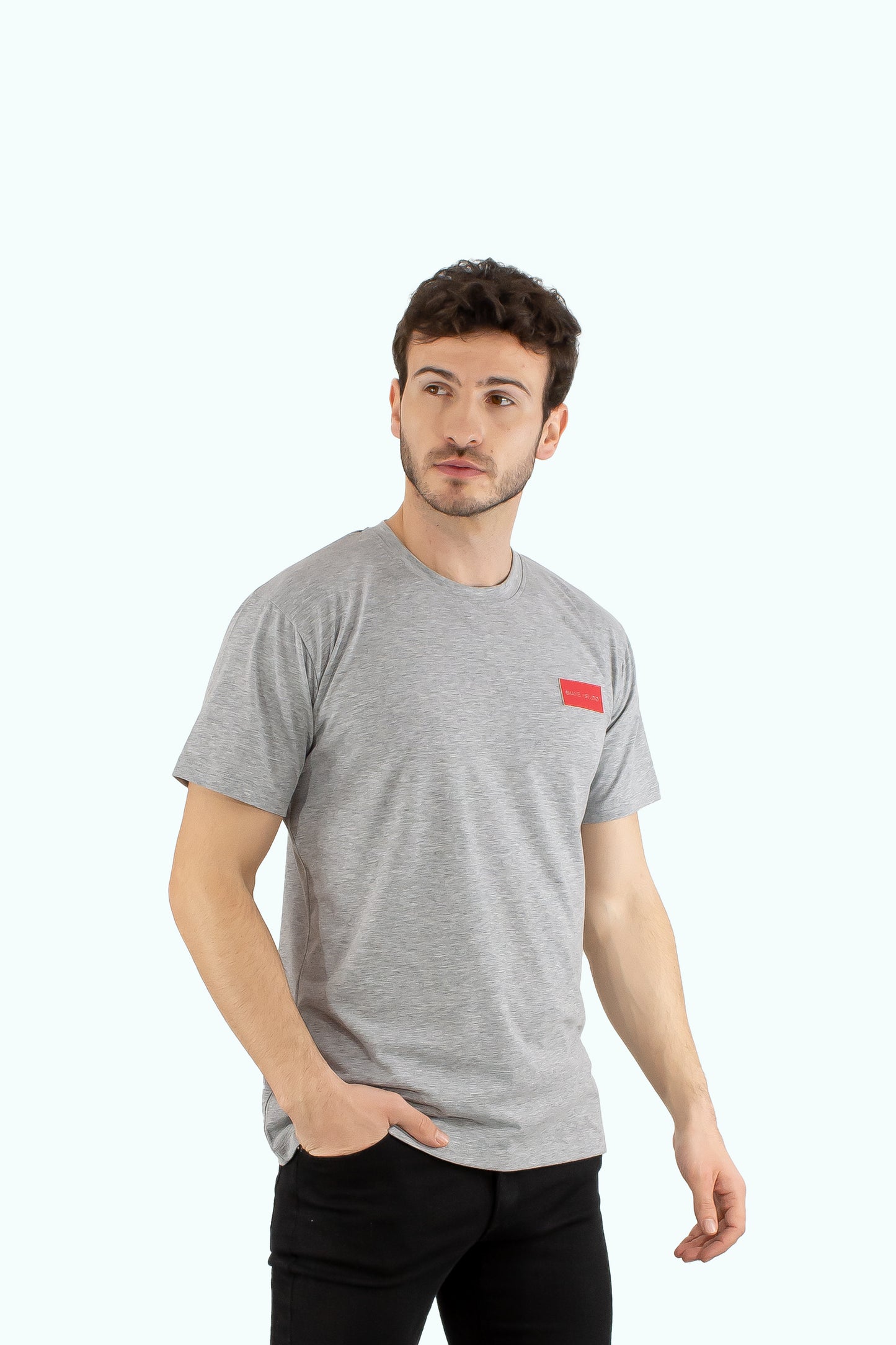 Men grey cotton t-shirt with red logo badge