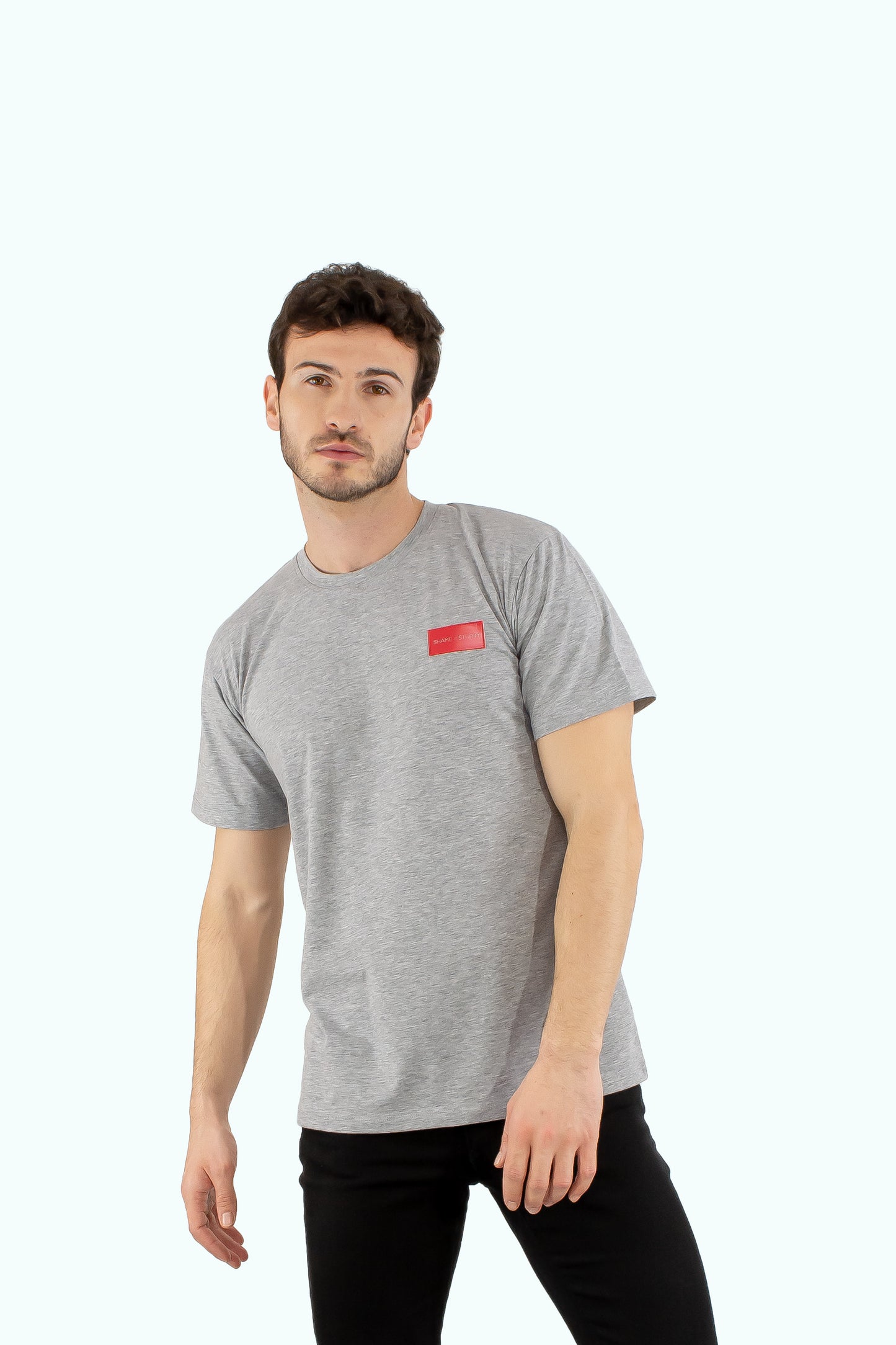 Men grey cotton t-shirt with red logo badge