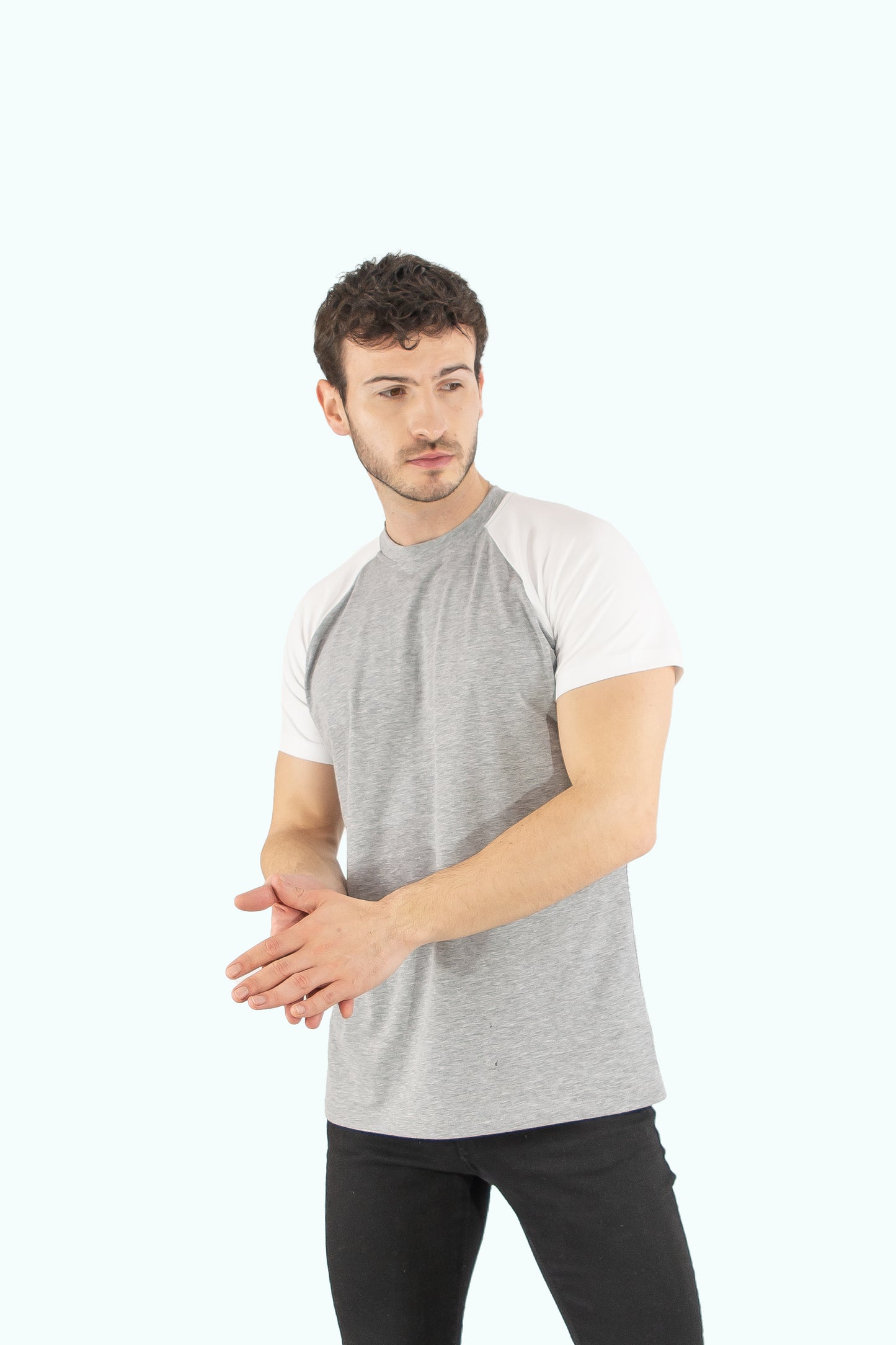 Men grey cotton t-shirt white short sleeve type raglan