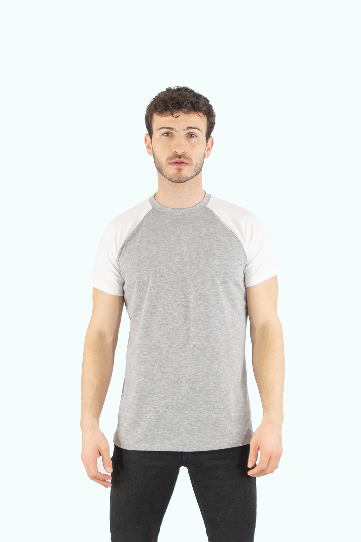 Men grey cotton t-shirt white short sleeve type raglan