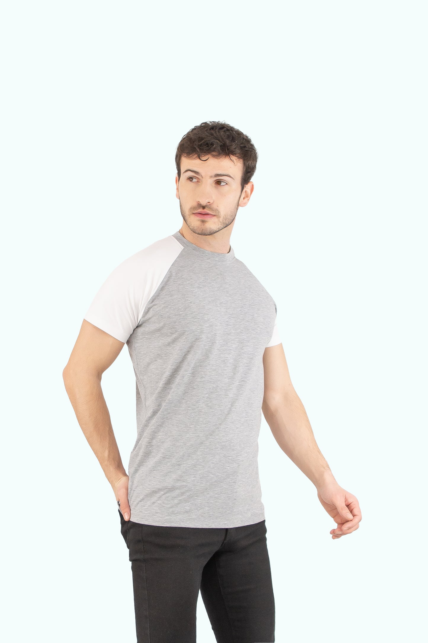 Men grey cotton t-shirt white short sleeve type raglan