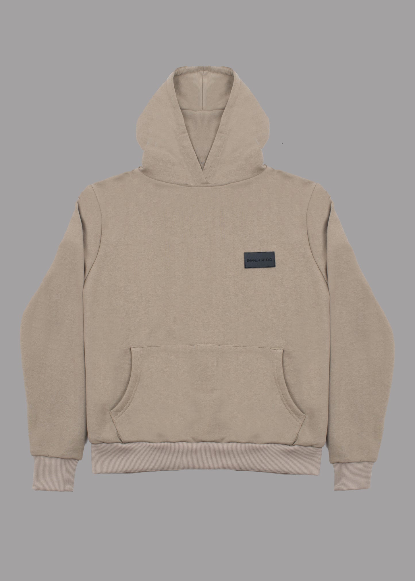 Men beige hoodie with black logo badge