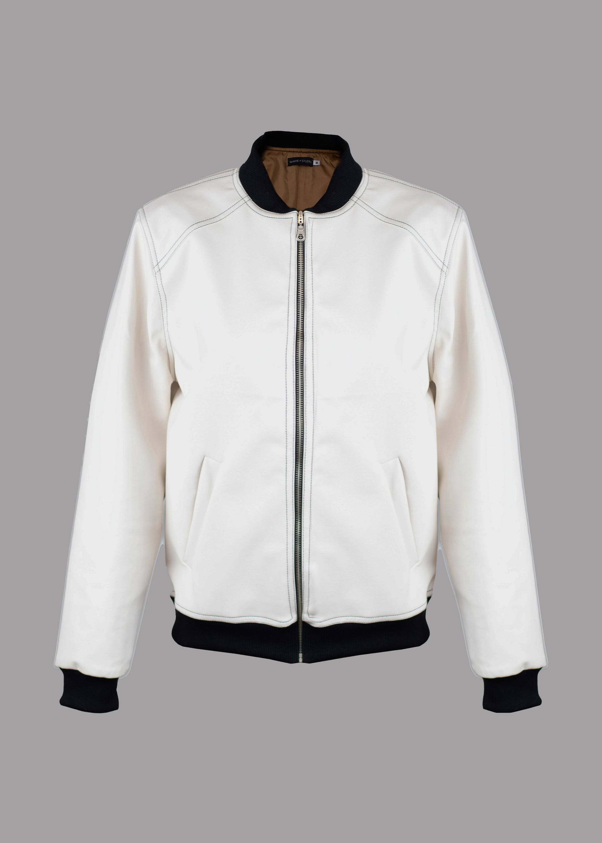 Men white/ecru leather bomber jacket –